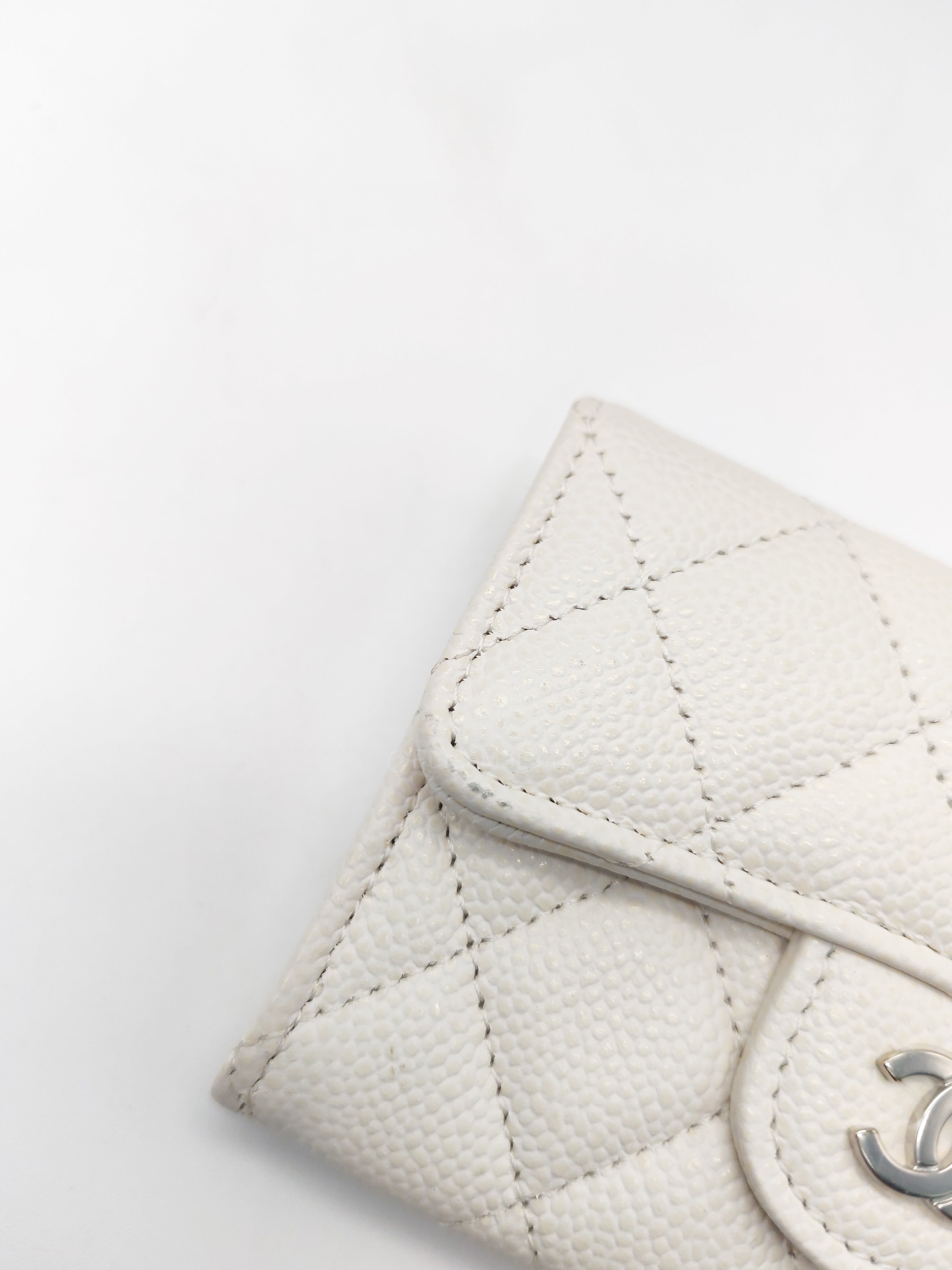 Chanel Classic Flap Card Holder in White Quilted Caviar Leather and Silver Hardware Series 30