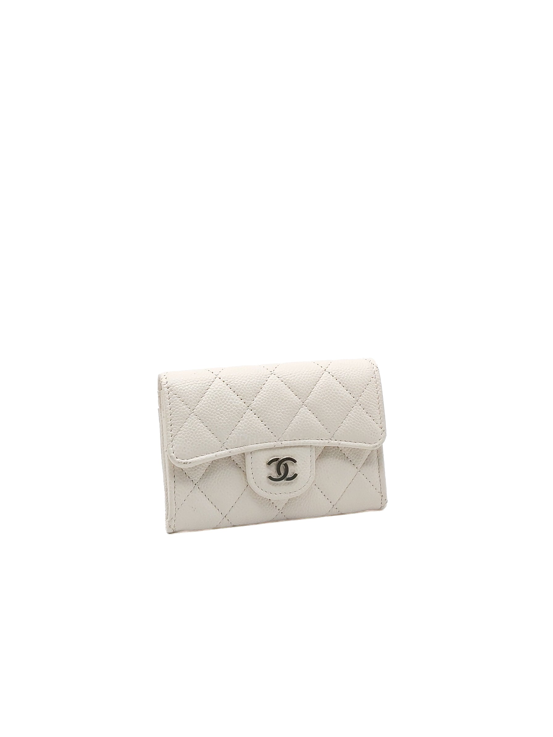 Chanel Classic Flap Card Holder in White Quilted Caviar Leather and Silver Hardware Series 30