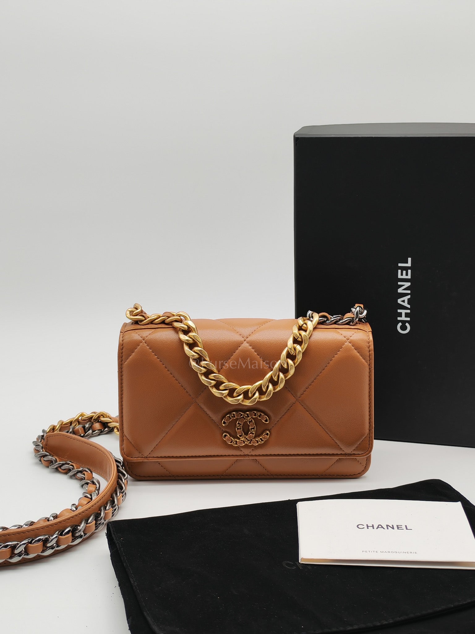 Chanel 19 Wallet On Chain (WOC) Caramel Lambskin Leather Mix Hardware (Microchip)