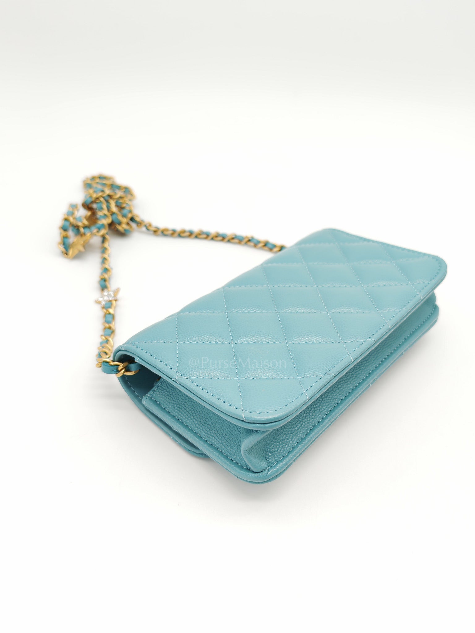 Charming Phone Holder with Chain in Teal Blue Caviar Leather & Gold Hardware (Microchip) | Purse Maison Luxury Bags Shop