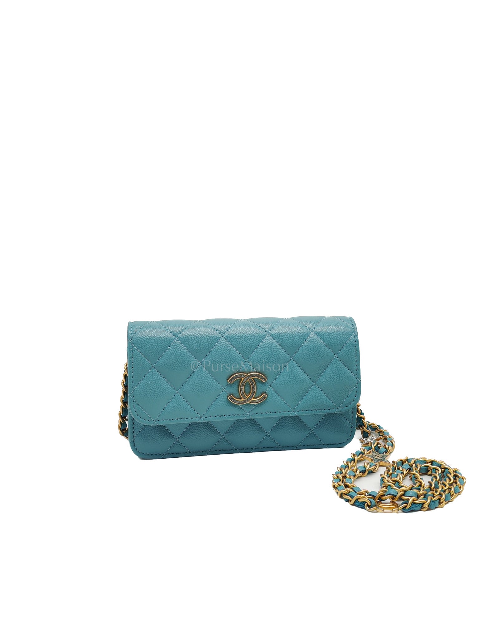 Charming Phone Holder with Chain in Teal Blue Caviar Leather & Gold Hardware (Microchip) | Purse Maison Luxury Bags Shop