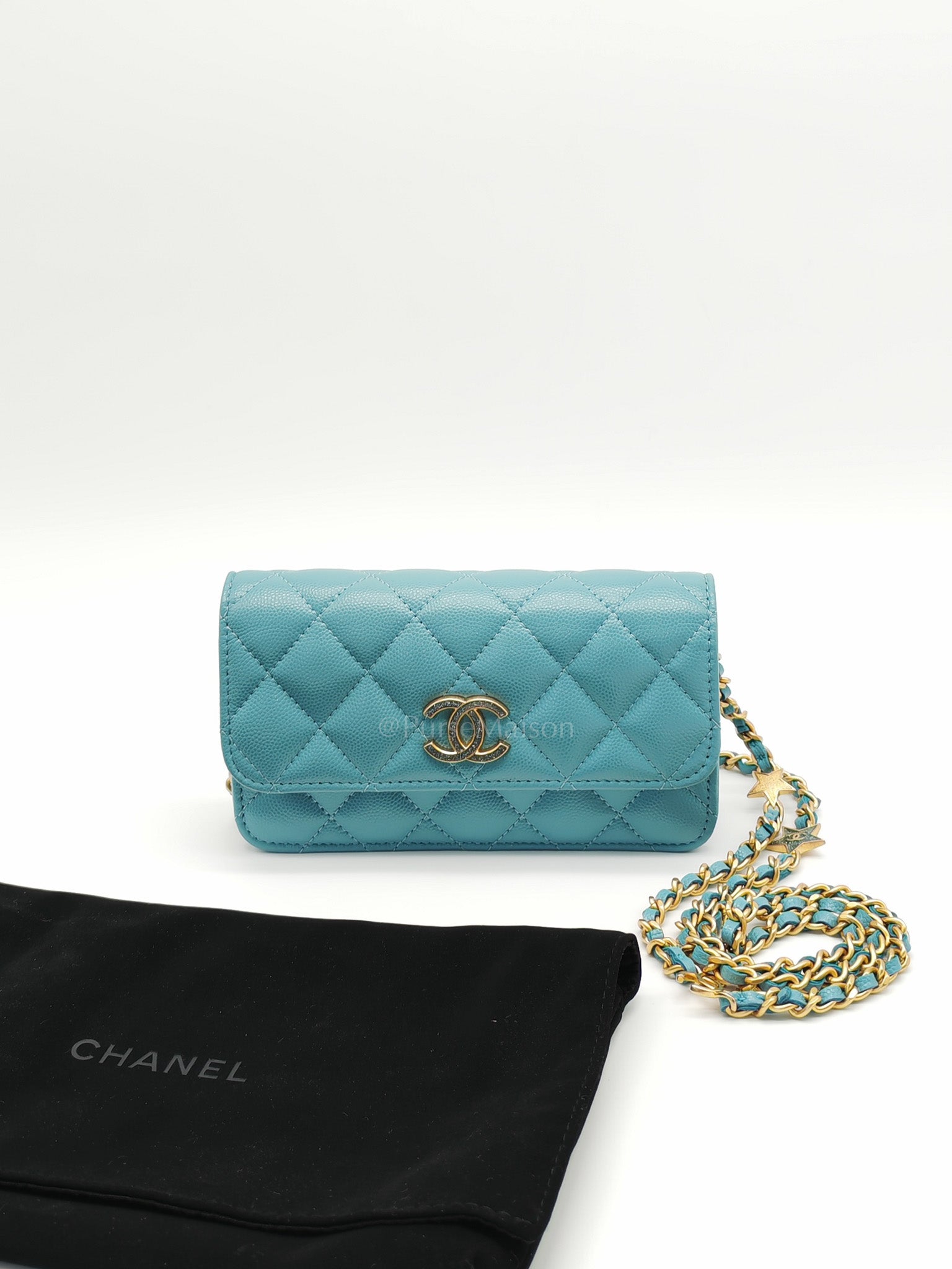 Charming Phone Holder with Chain in Teal Blue Caviar Leather & Gold Hardware (Microchip) | Purse Maison Luxury Bags Shop