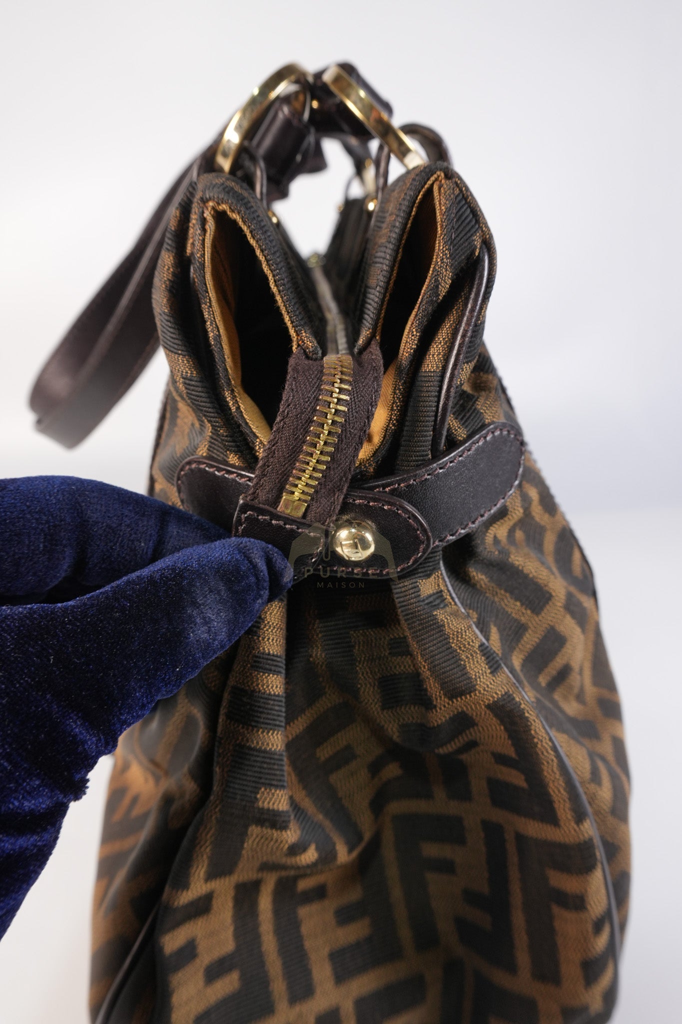 Chef Large Shoulder Bag in Black/Brown Zucca Canvas & Light Gold Hardware | Purse Maison Luxury Bags Shop