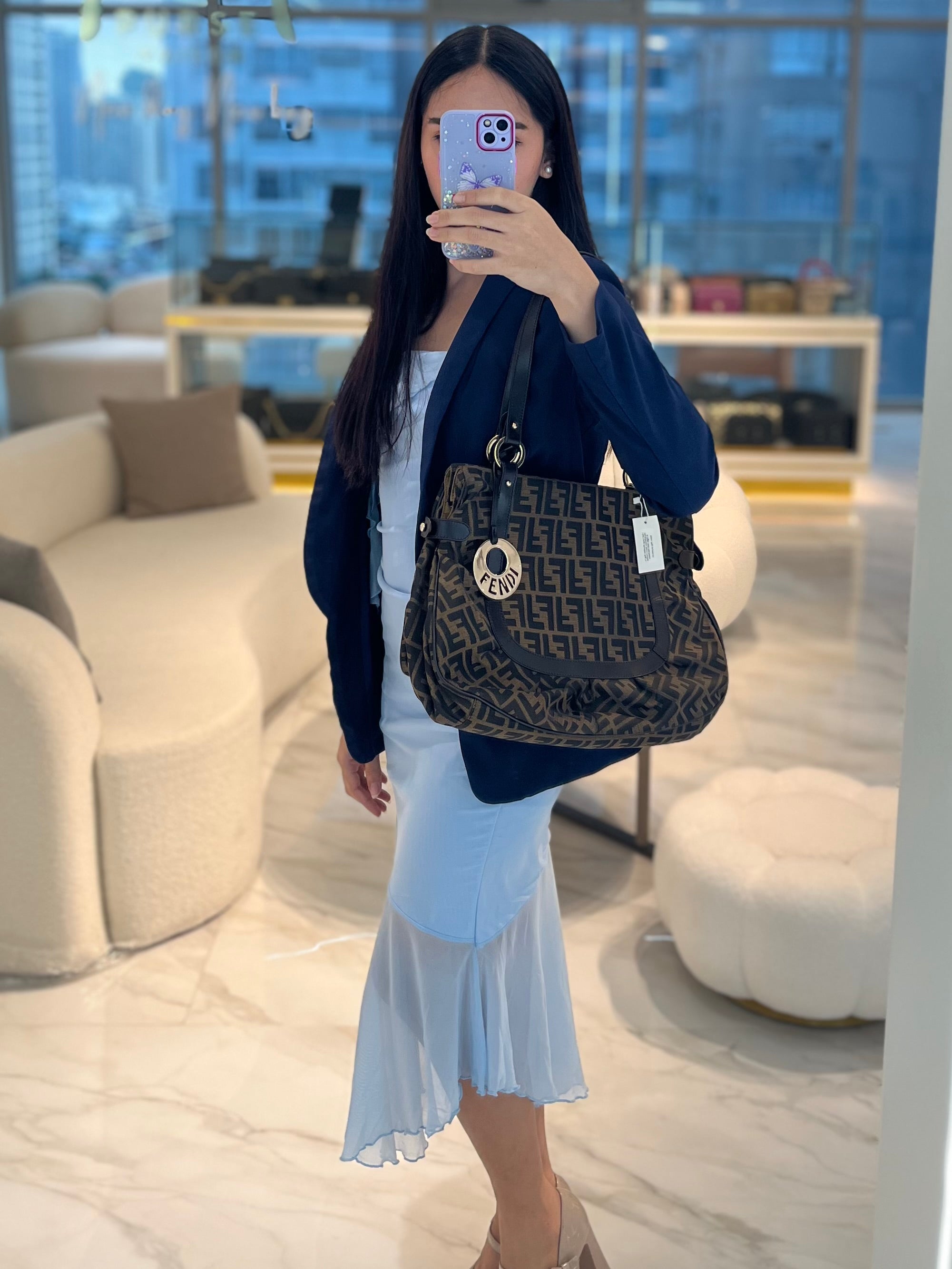 Chef Large Shoulder Bag in Black/Brown Zucca Canvas & Light Gold Hardware | Purse Maison Luxury Bags Shop