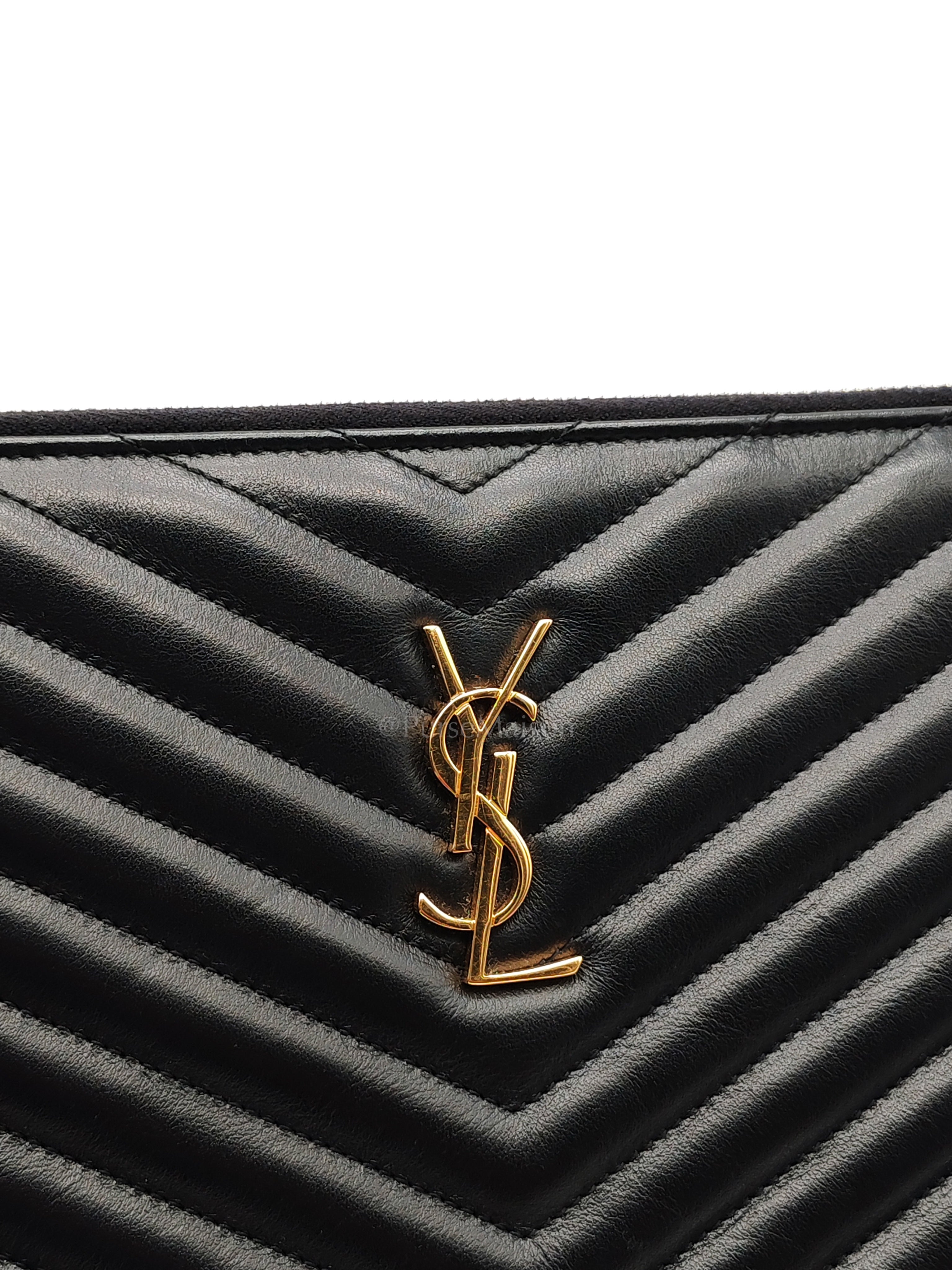 Chevron Clutch Bag in Black Quilted Matellase Leather & Gold Hardware | Purse Maison Luxury Bags Shop