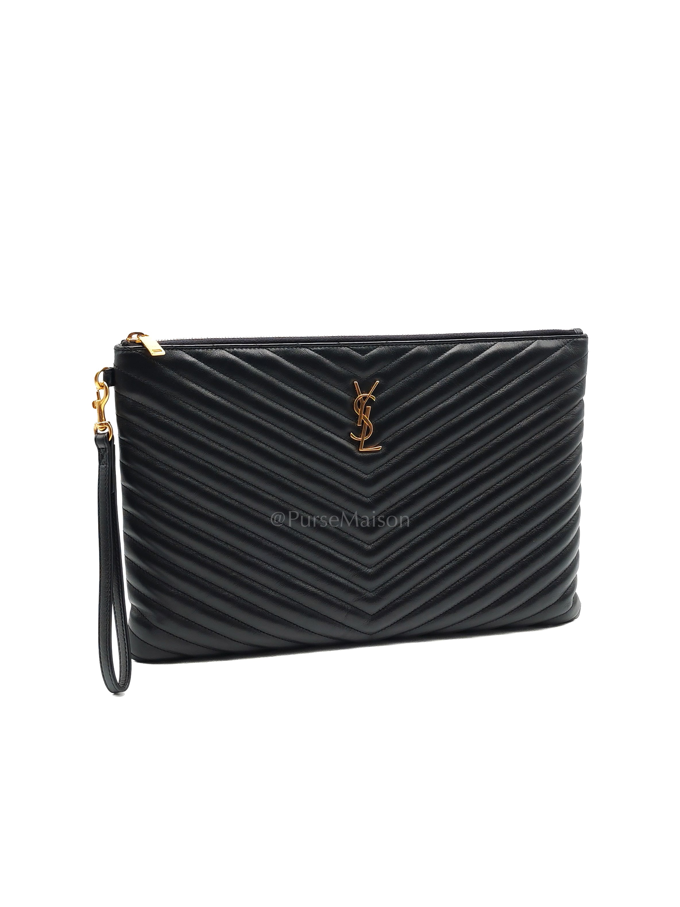 Chevron Clutch Bag in Black Quilted Matellase Leather & Gold Hardware | Purse Maison Luxury Bags Shop