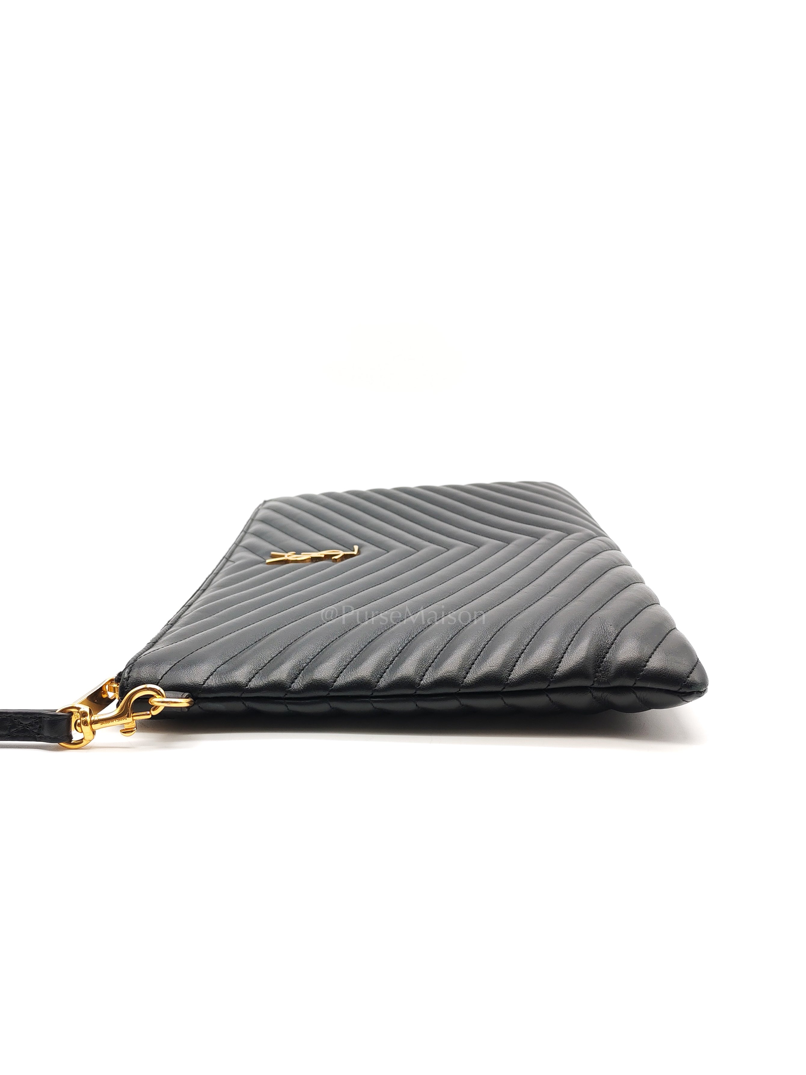 Chevron Clutch Bag in Black Quilted Matellase Leather & Gold Hardware | Purse Maison Luxury Bags Shop