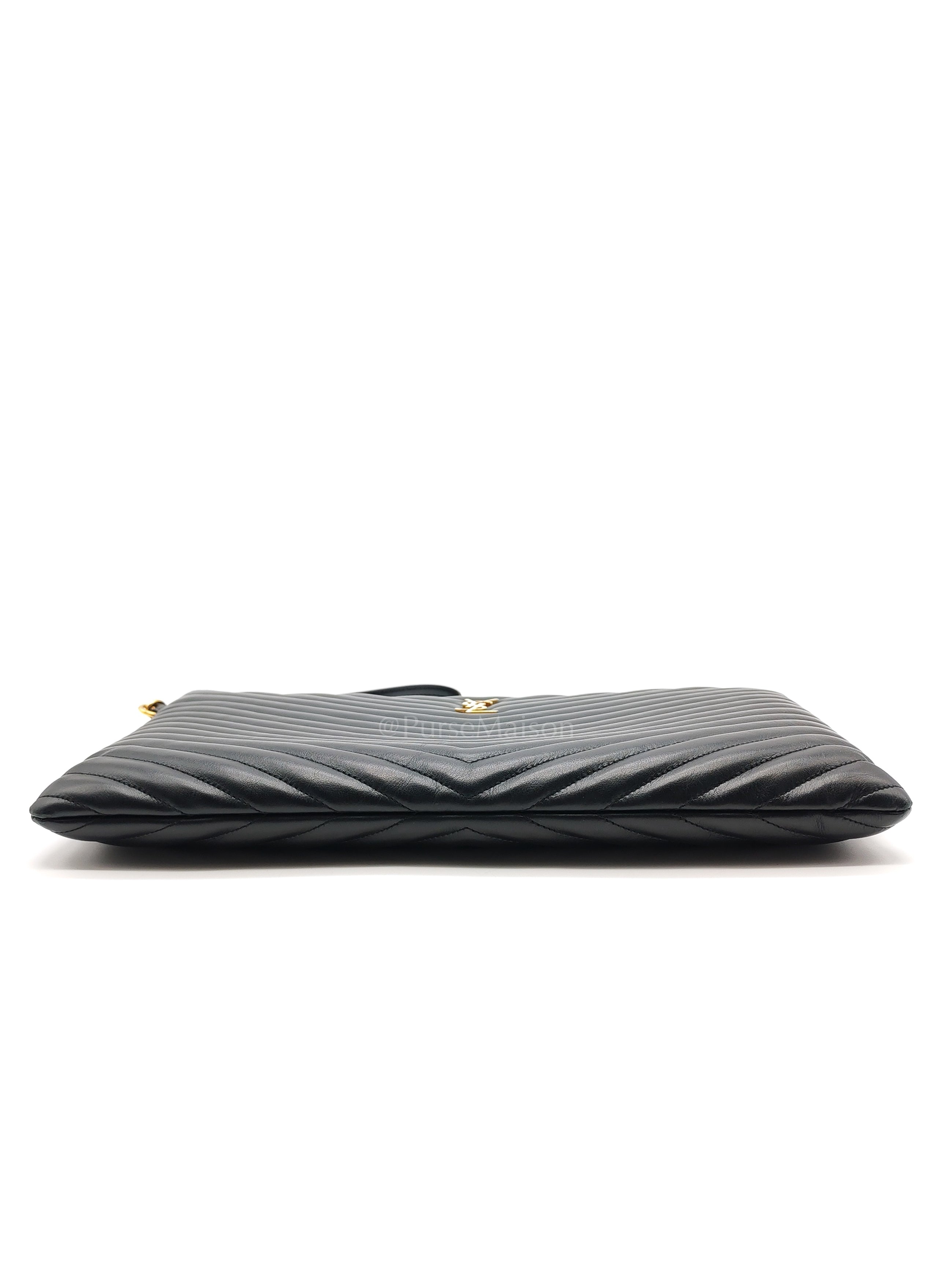 Chevron Clutch Bag in Black Quilted Matellase Leather & Gold Hardware | Purse Maison Luxury Bags Shop