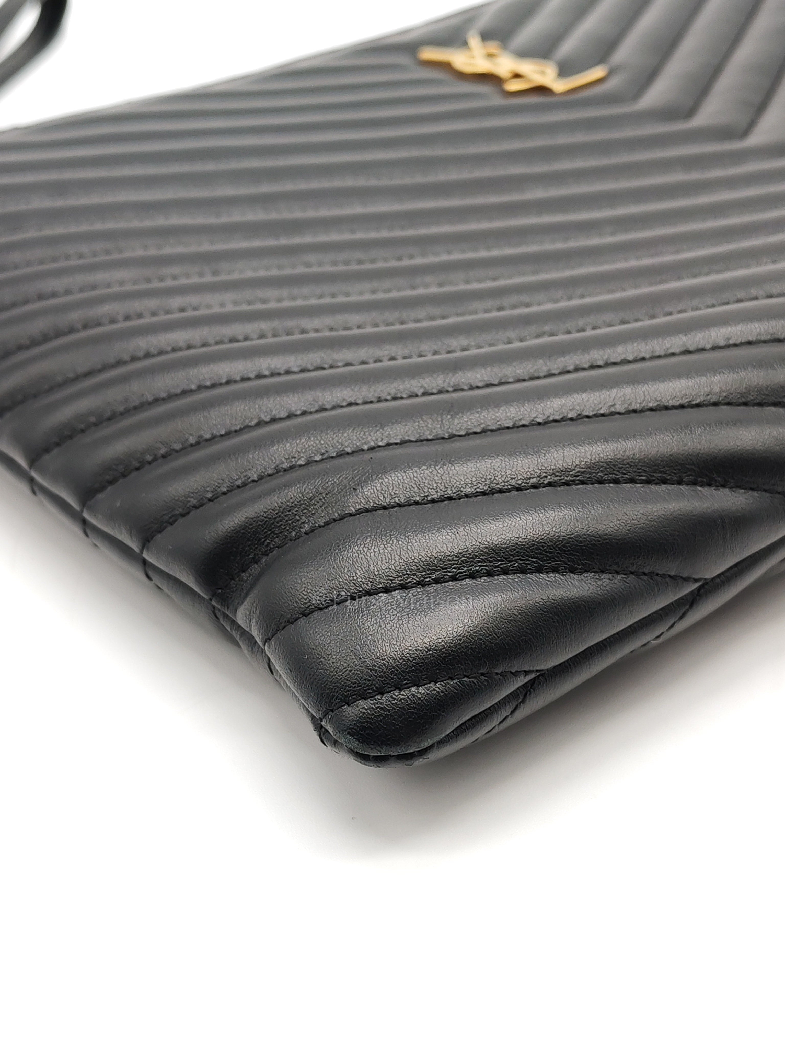Chevron Clutch Bag in Black Quilted Matellase Leather & Gold Hardware | Purse Maison Luxury Bags Shop