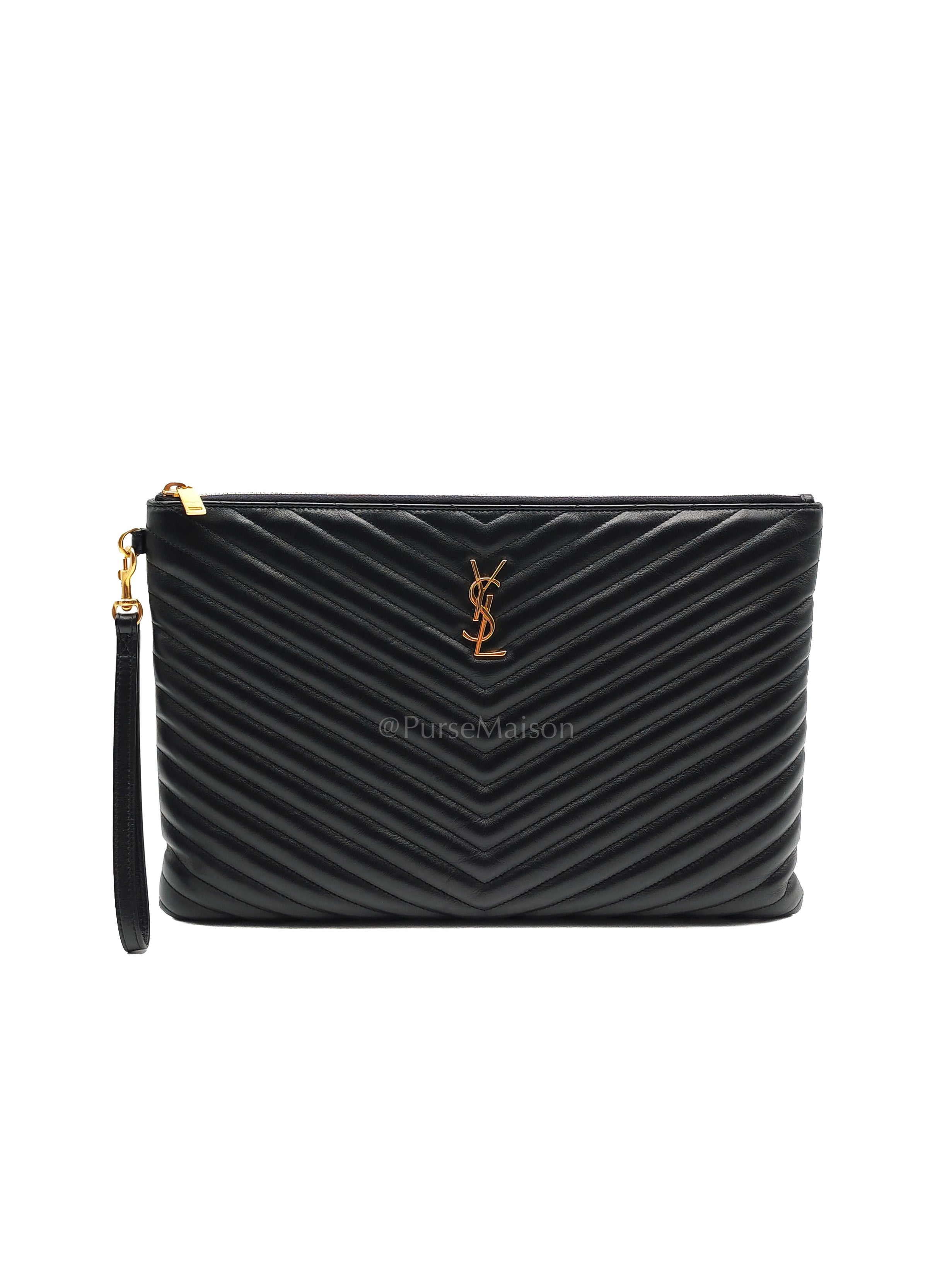 Chevron Clutch Bag in Black Quilted Matellase Leather & Gold Hardware | Purse Maison Luxury Bags Shop