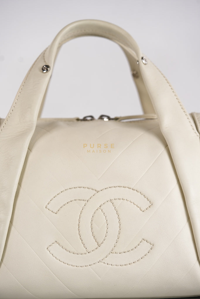 Chevron V-Stitch Cream Calfskin Leather Boston Bag Series 10 | Purse Maison Luxury Bags Shop