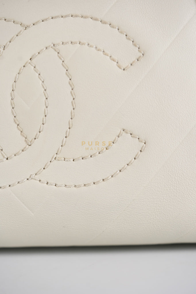 Chevron V-Stitch Cream Calfskin Leather Boston Bag Series 10 | Purse Maison Luxury Bags Shop