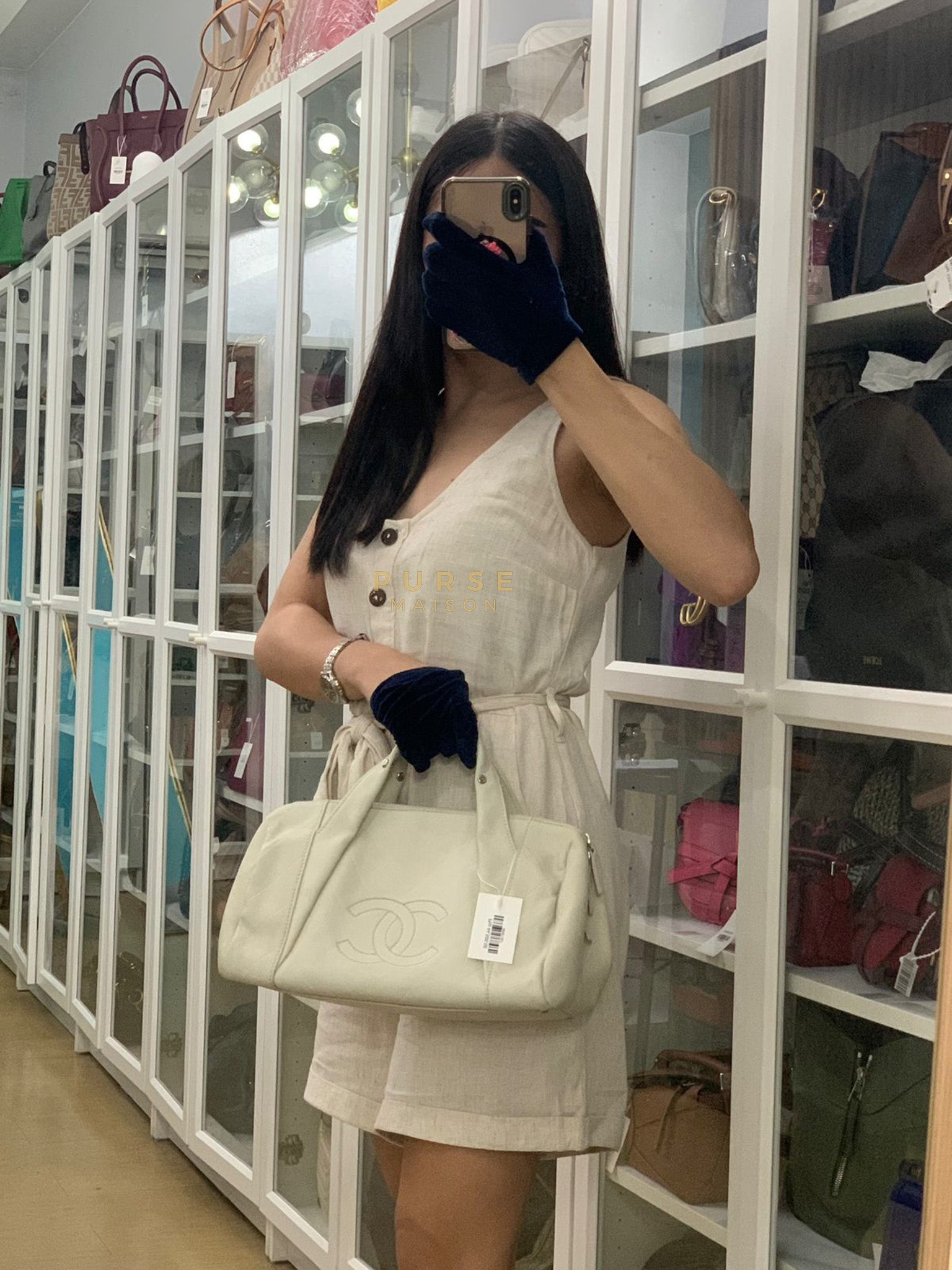 Chevron V-Stitch Cream Calfskin Leather Boston Bag Series 10 | Purse Maison Luxury Bags Shop