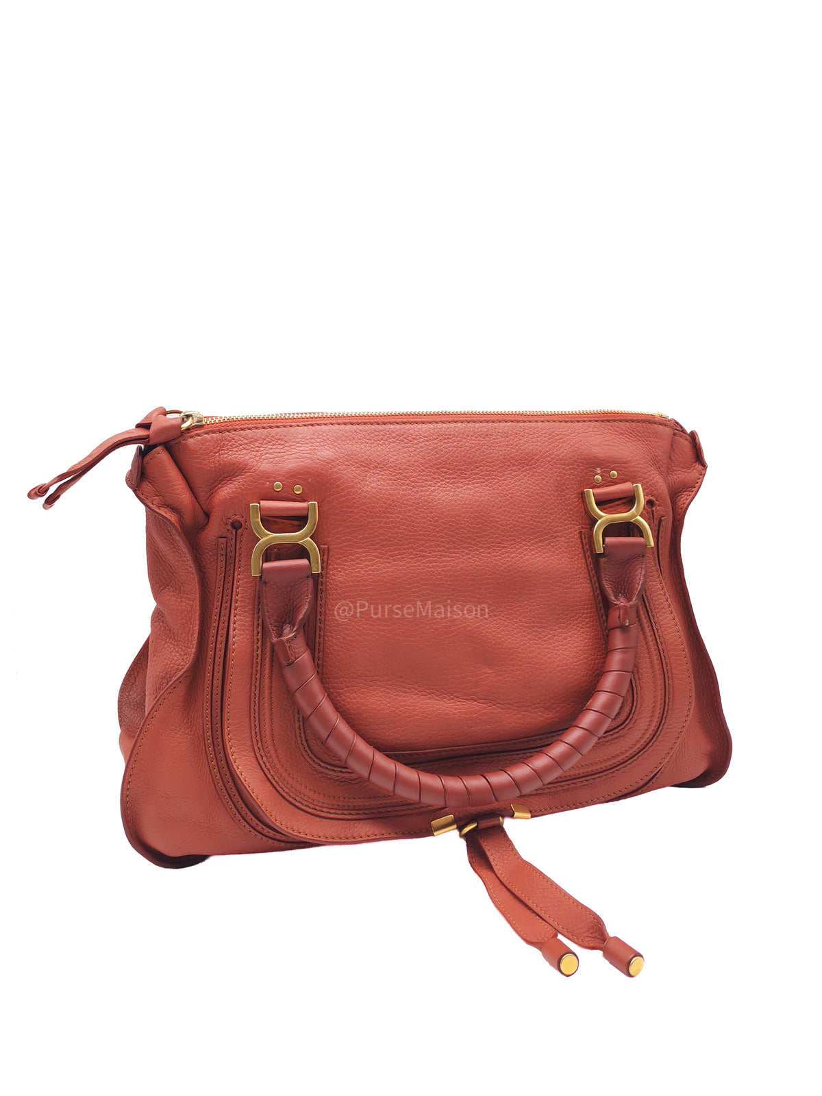 Chloe Marcie Satchel Bag in Reddish-Brown Grained Calfskin Leather and Aged Gold Hardware | Purse Maison Luxury Bags Shop