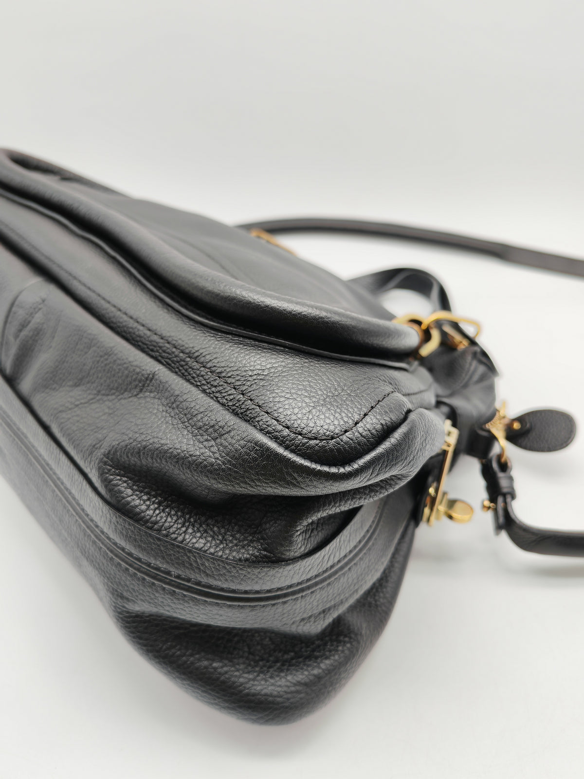 Chloe Paraty Top Handle Shoulder Bag in Black Grained Calfskin Leather and Gold Hardware | Purse Maison Luxury Bags Shop