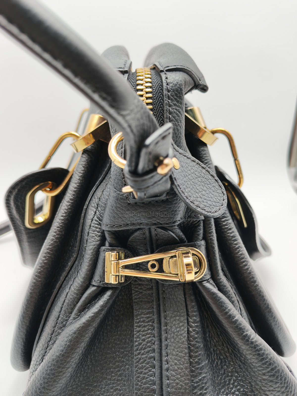 Chloe Paraty Top Handle Shoulder Bag in Black Grained Calfskin Leather and Gold Hardware | Purse Maison Luxury Bags Shop