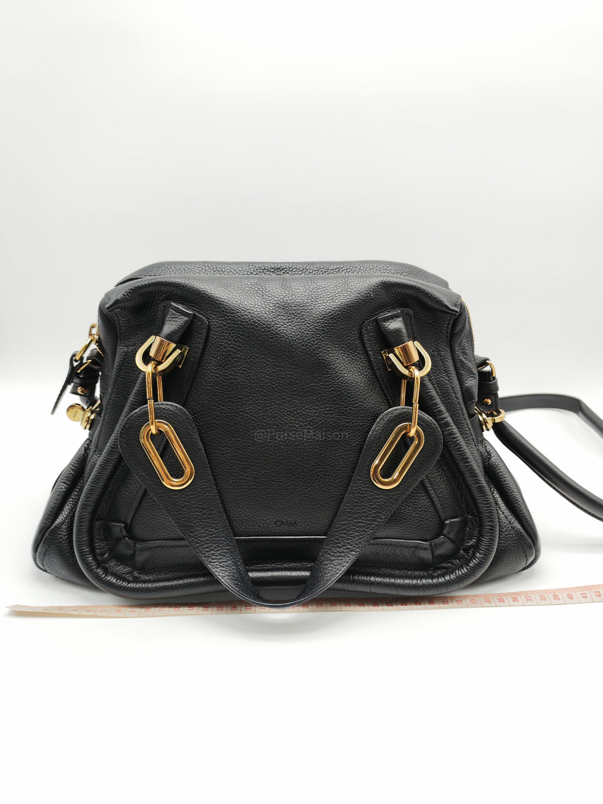 Chloe Paraty Top Handle Shoulder Bag in Black Grained Calfskin Leather and Gold Hardware | Purse Maison Luxury Bags Shop