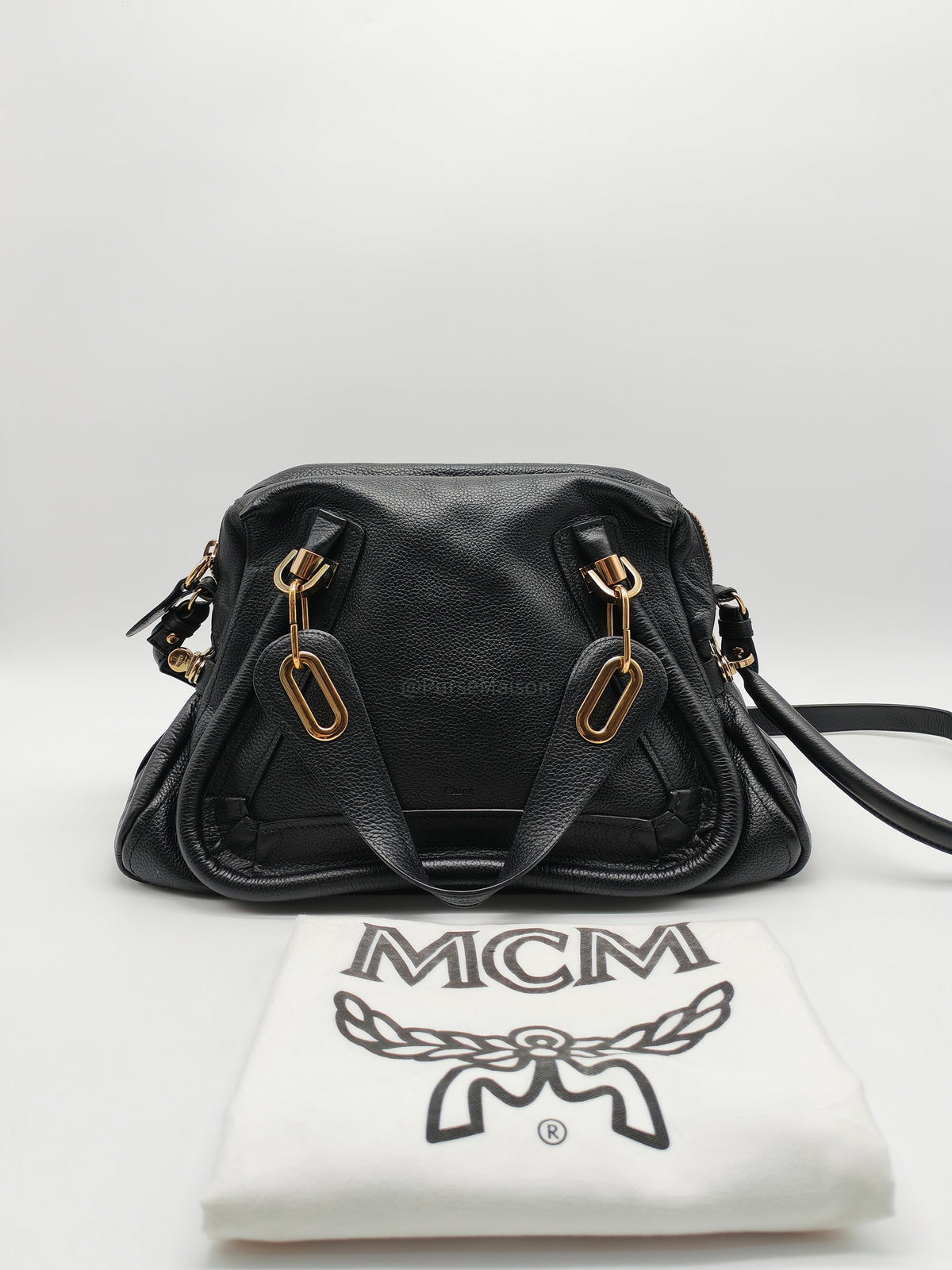 Chloe Paraty Top Handle Shoulder Bag in Black Grained Calfskin Leather and Gold Hardware | Purse Maison Luxury Bags Shop