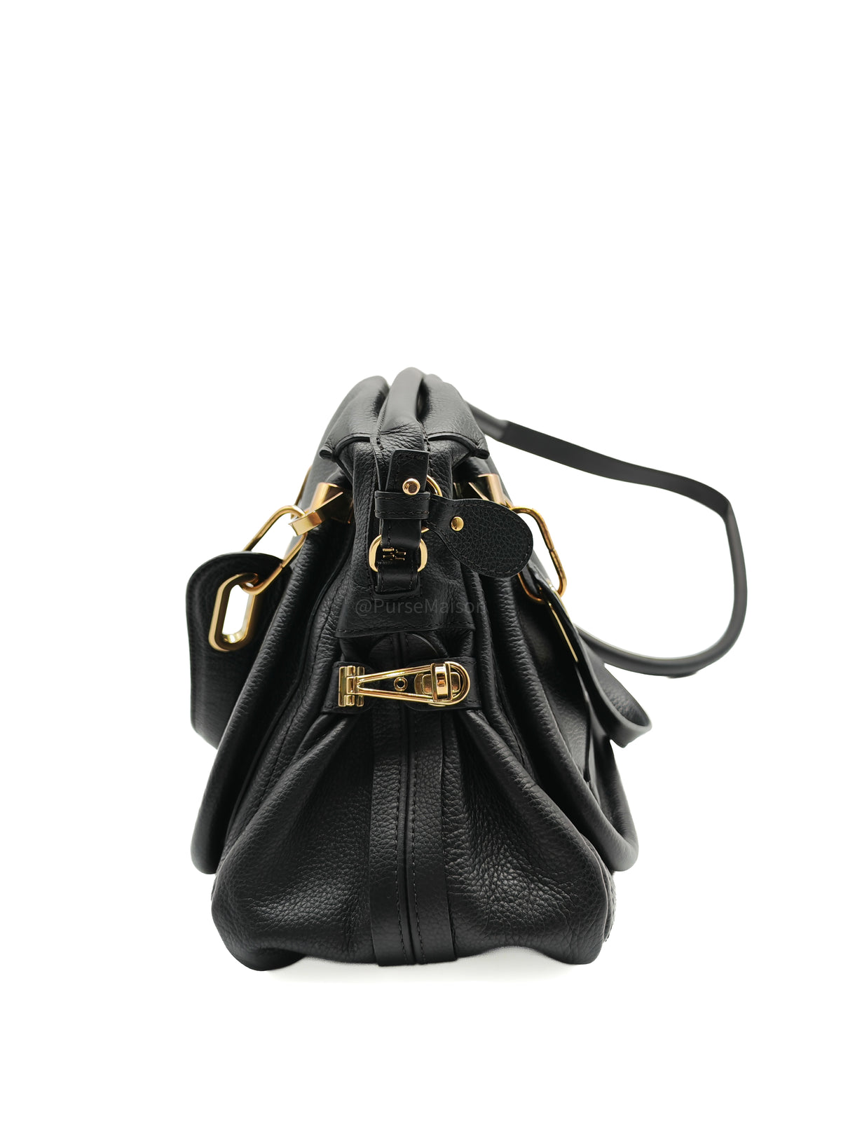 Chloe Paraty Top Handle Shoulder Bag in Black Grained Calfskin Leather and Gold Hardware | Purse Maison Luxury Bags Shop