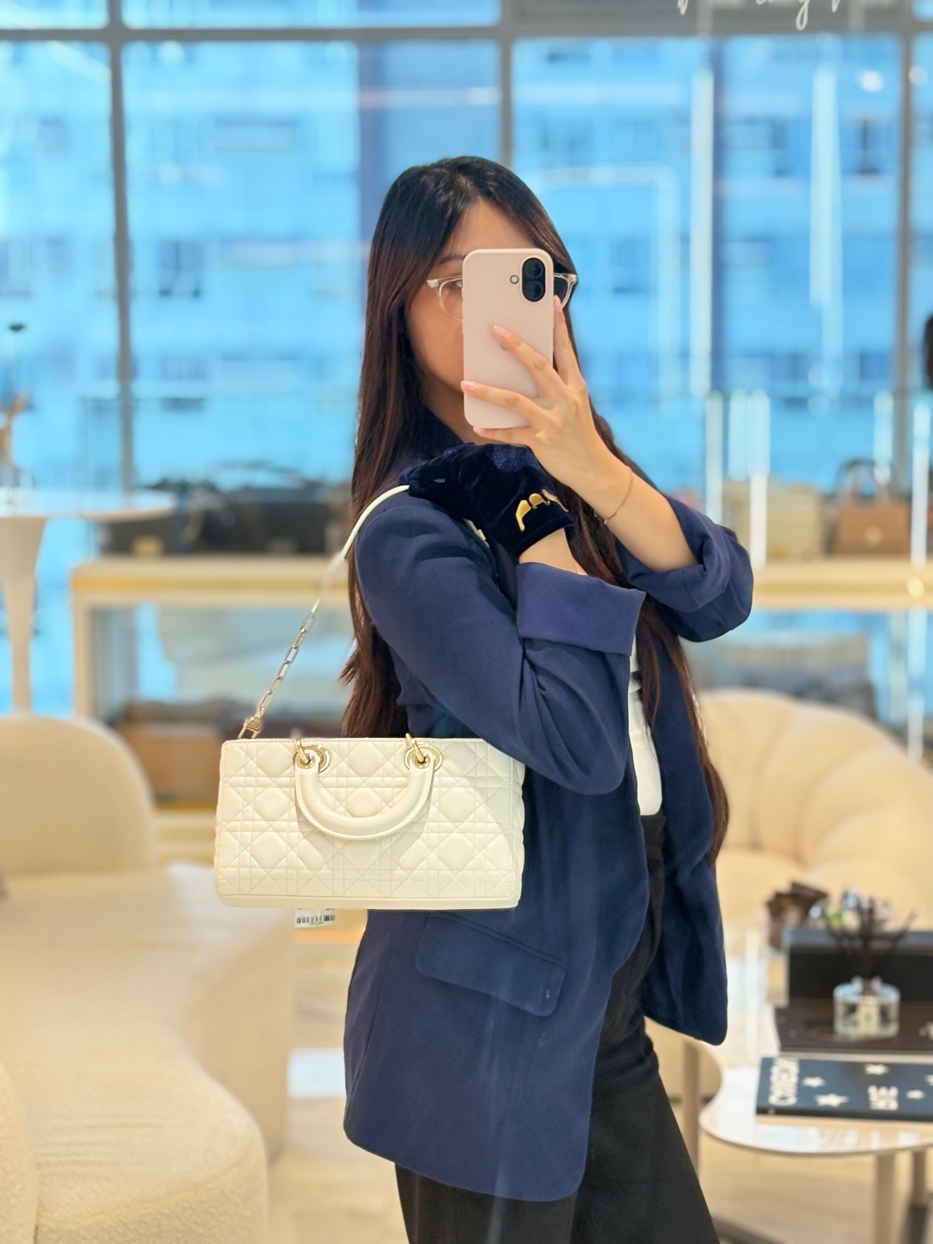 Lady D-Joy Medium in White Cannage Lambskin Leather Light Gold Hardware | Purse Maison Luxury Bags Shop