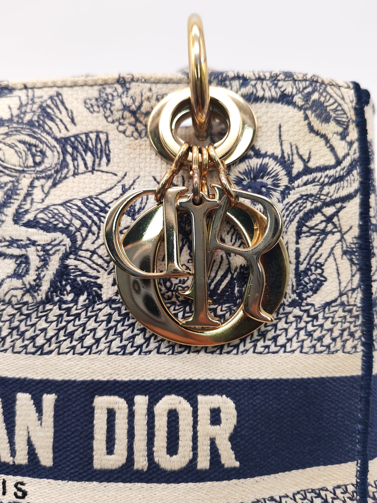 Christian Dior Lady D-Lite Medium in Navy Blue Toile de Jouy Embroidery Canvas and Light Gold Hardware | Purse Maison Luxury Bags Shop