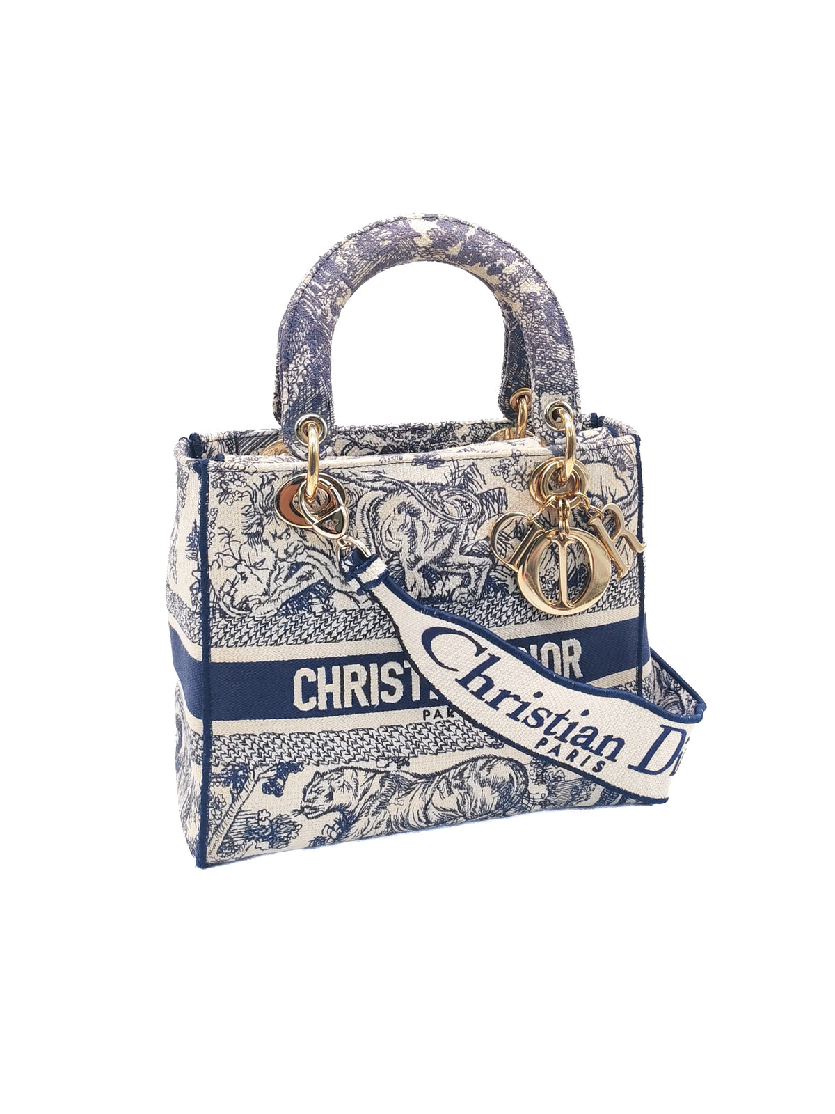 Christian Dior Lady D-Lite Medium in Navy Blue Toile de Jouy Embroidery Canvas and Light Gold Hardware | Purse Maison Luxury Bags Shop