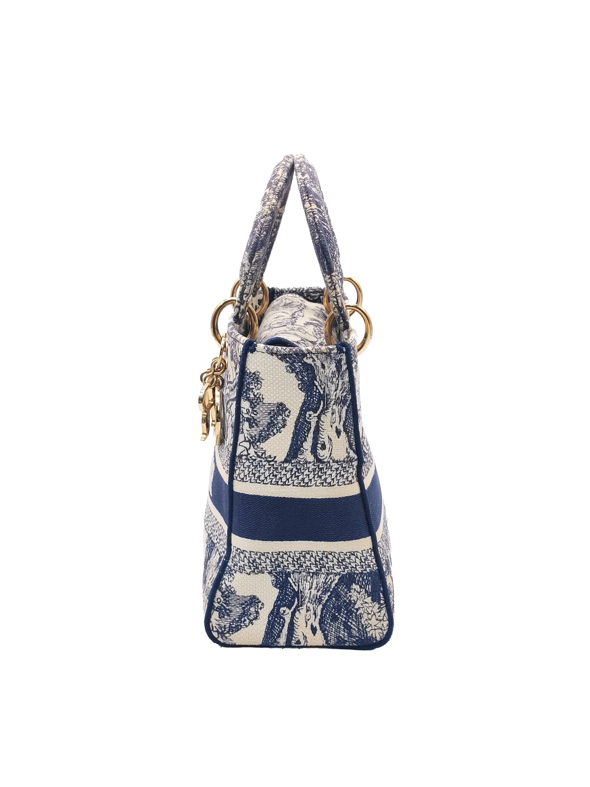 Christian Dior Lady D-Lite Medium in Navy Blue Toile de Jouy Embroidery Canvas and Light Gold Hardware | Purse Maison Luxury Bags Shop