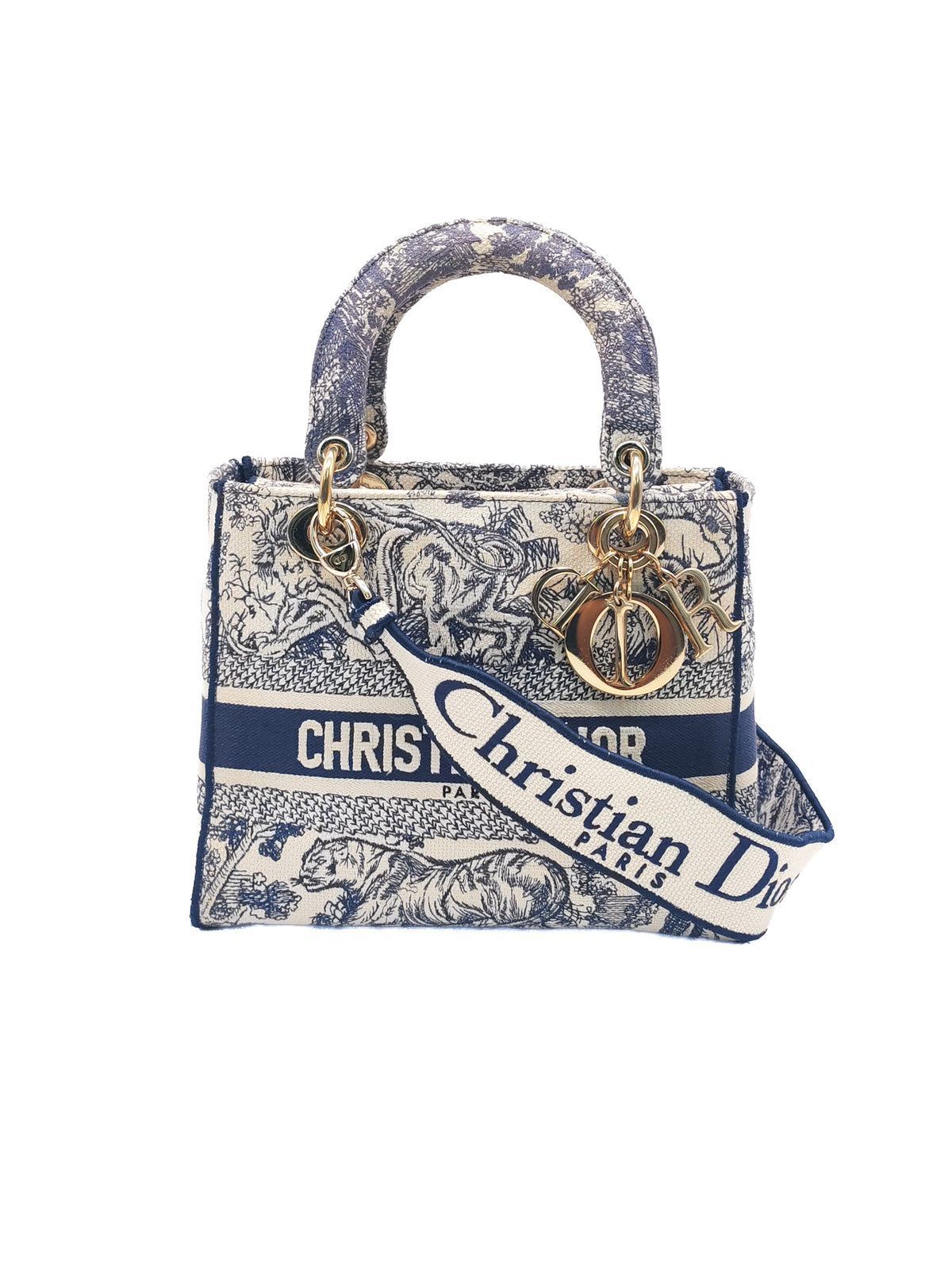 Christian Dior Lady D-Lite Medium in Navy Blue Toile de Jouy Embroidery Canvas and Light Gold Hardware | Purse Maison Luxury Bags Shop