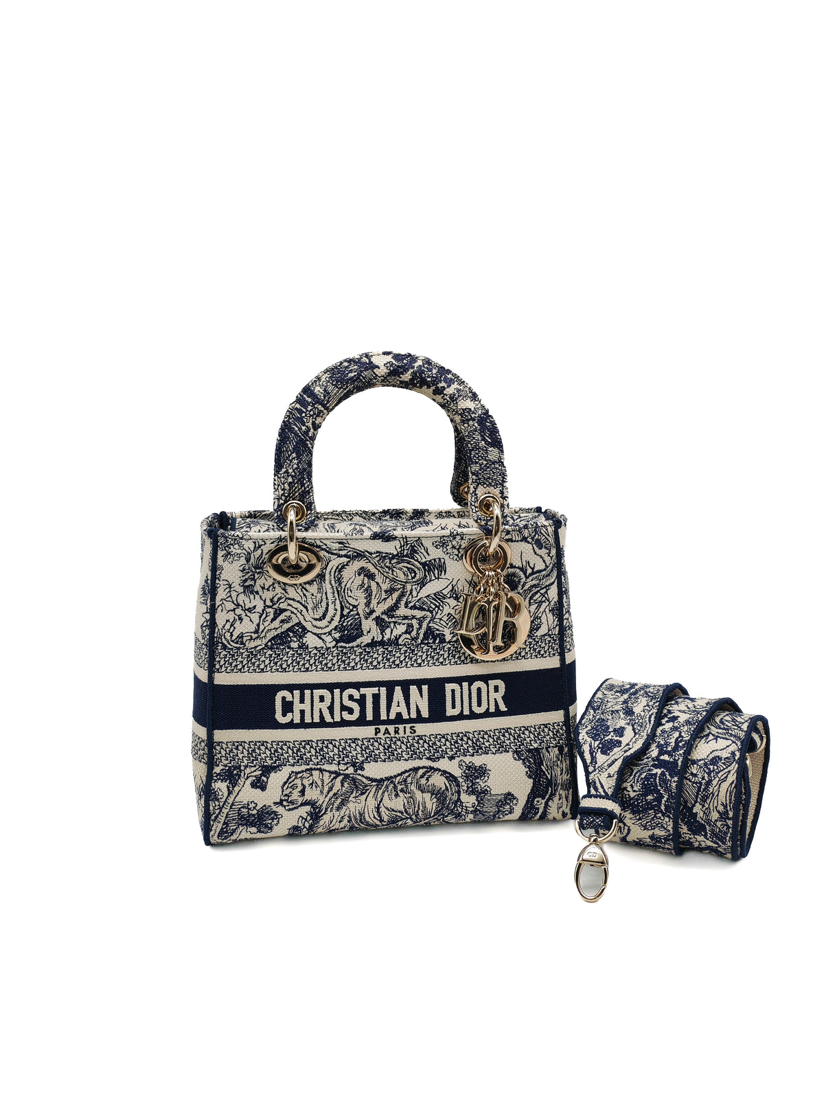 Christian Dior Lady D-Lite Medium in Toile De Jouy Embroidery Canvas and Light Gold Hardware | Purse Maison Luxury Bags Shop