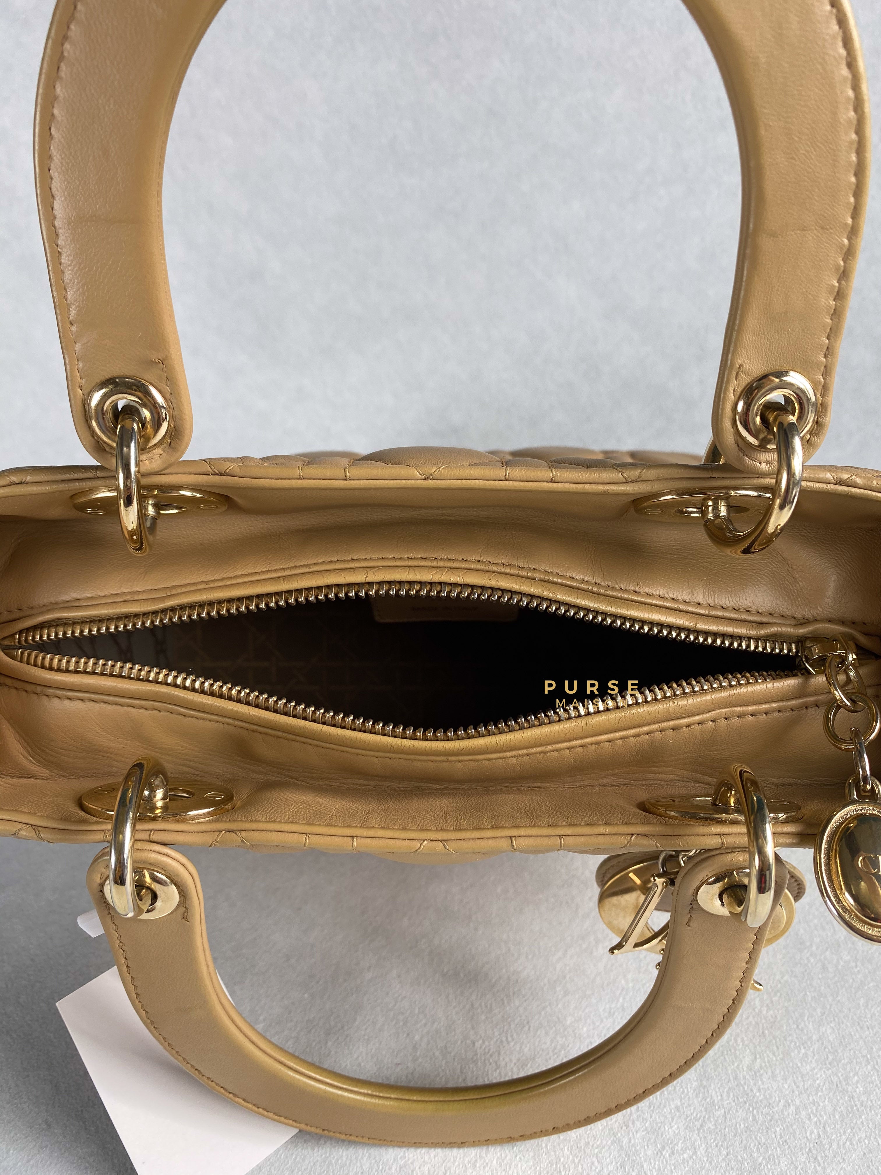 Christian Dior Lady Dior Beige Medium Light Gold hardware Lambskin | Purse Maison Luxury Bags Shop