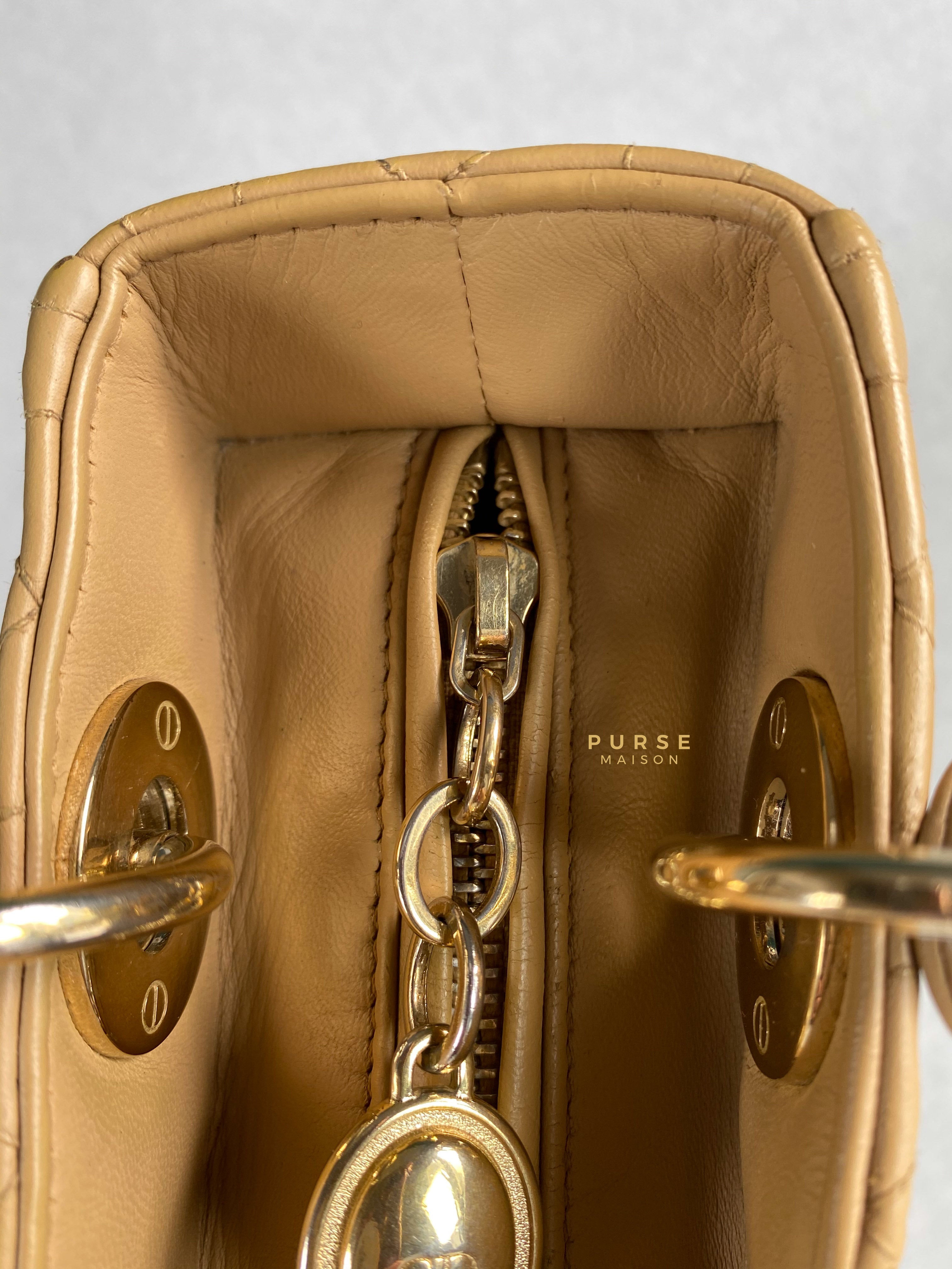 Christian Dior Lady Dior Beige Medium Light Gold hardware Lambskin | Purse Maison Luxury Bags Shop