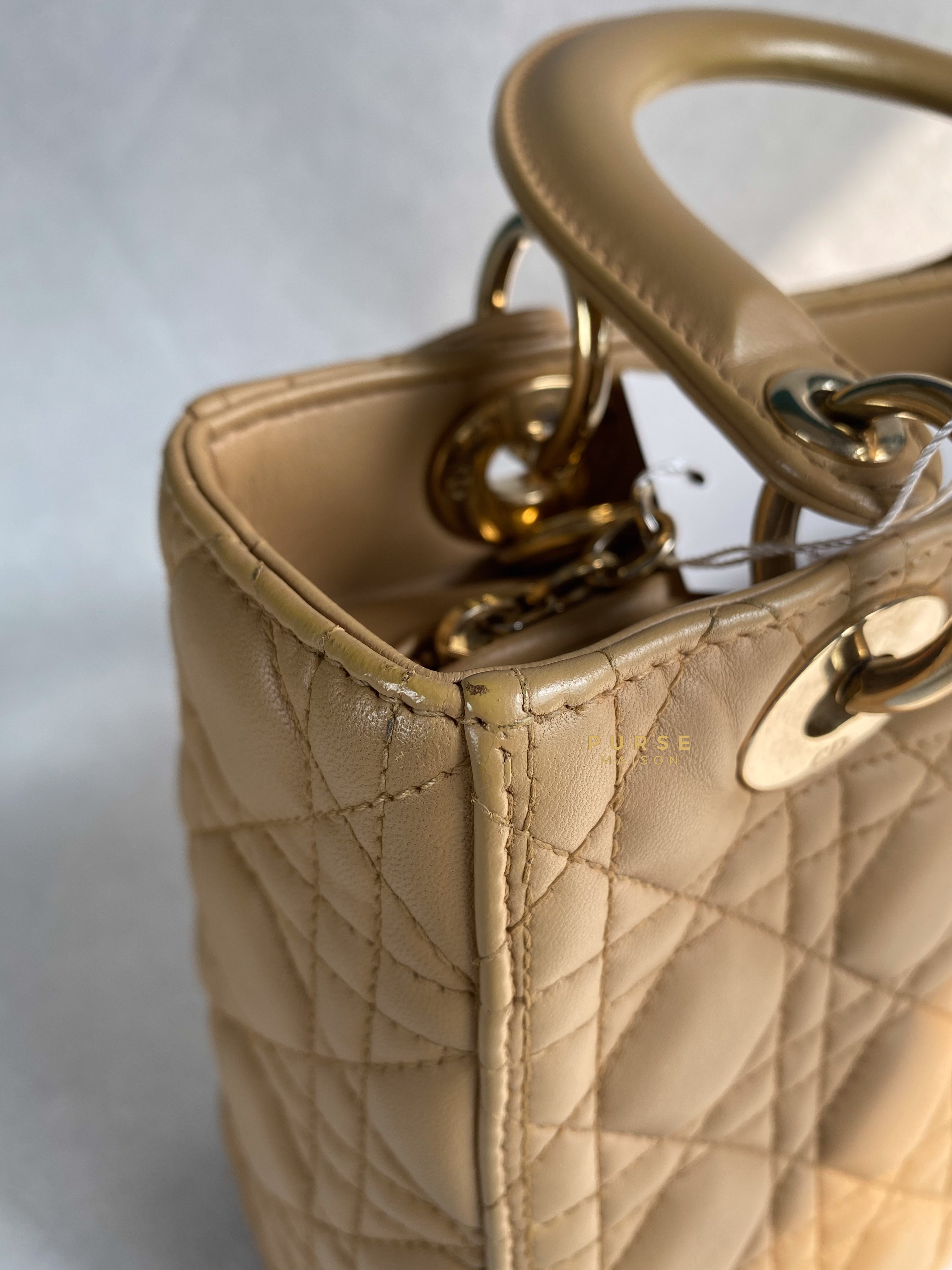 Christian Dior Lady Dior Beige Medium Light Gold hardware Lambskin | Purse Maison Luxury Bags Shop