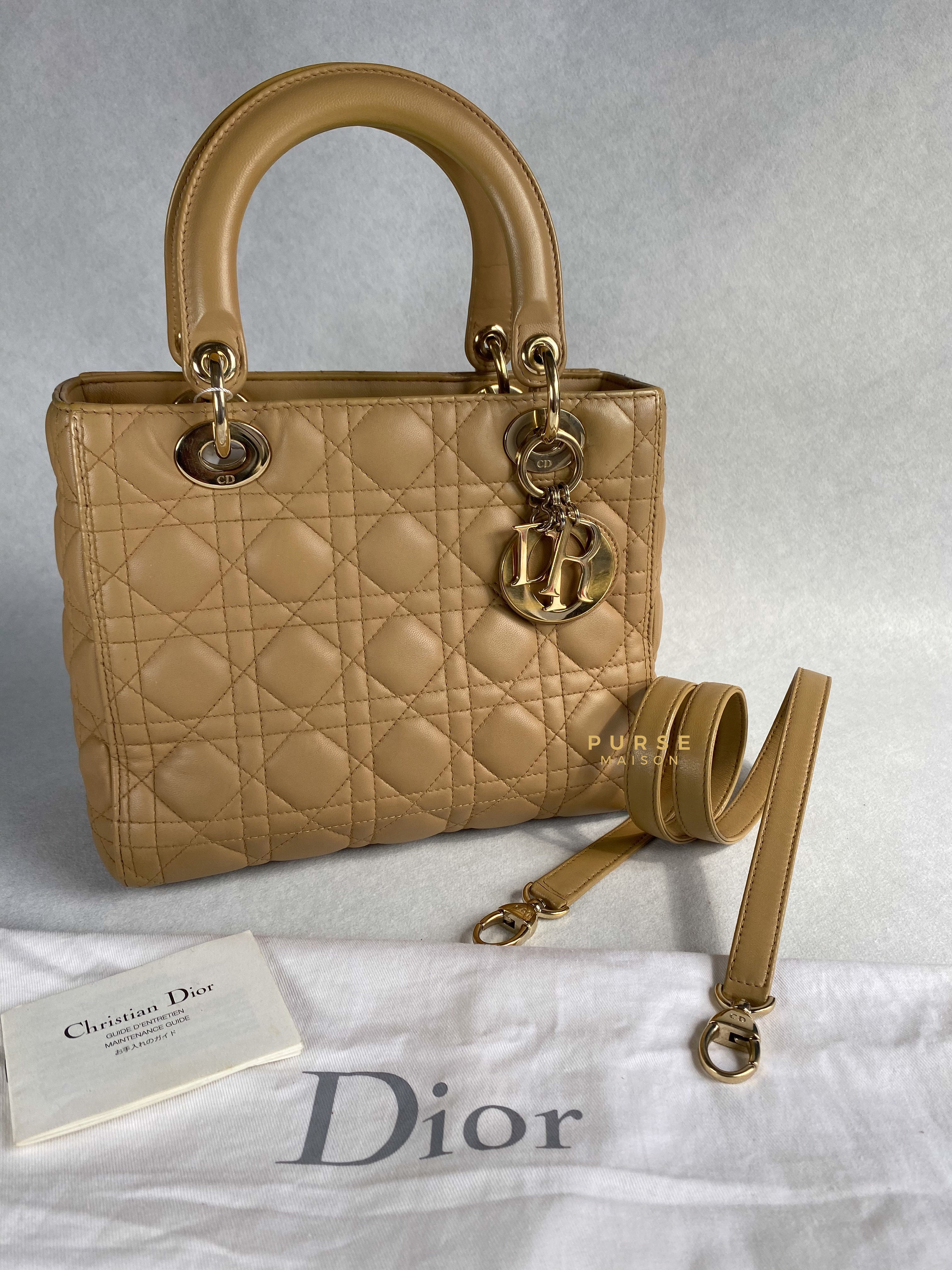 Christian Dior Lady Dior Beige Medium Light Gold hardware Lambskin | Purse Maison Luxury Bags Shop