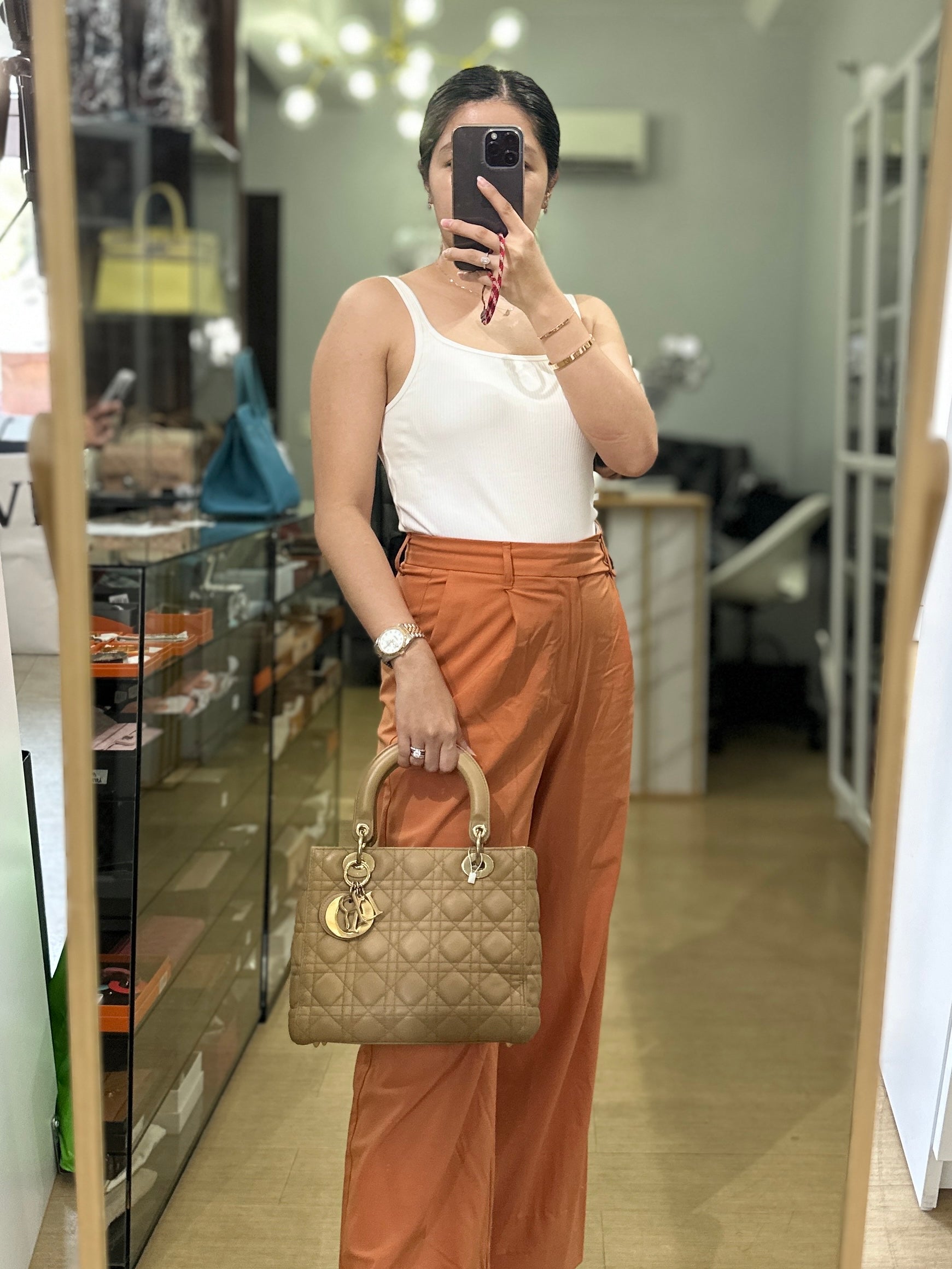Christian Dior Lady Dior Beige Medium Light Gold hardware Lambskin | Purse Maison Luxury Bags Shop