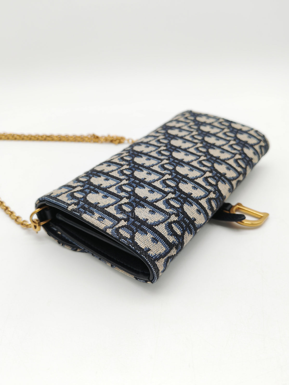Christian Dior Small Saddle Pouch with Chain in Blue Dior Oblique Jacquard | Purse Maison Luxury Bags Shop