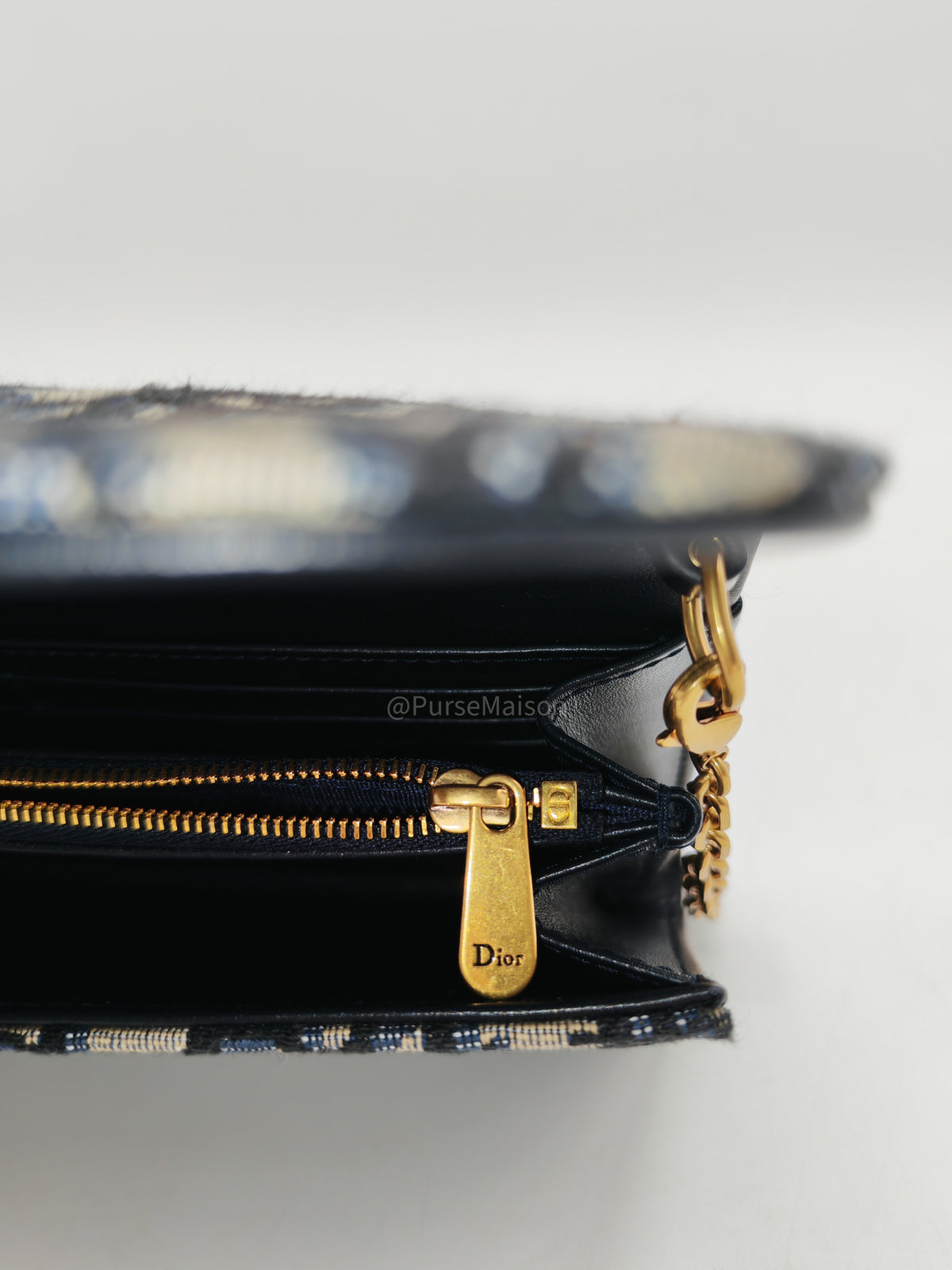 Christian Dior Small Saddle Pouch with Chain in Blue Dior Oblique Jacquard | Purse Maison Luxury Bags Shop