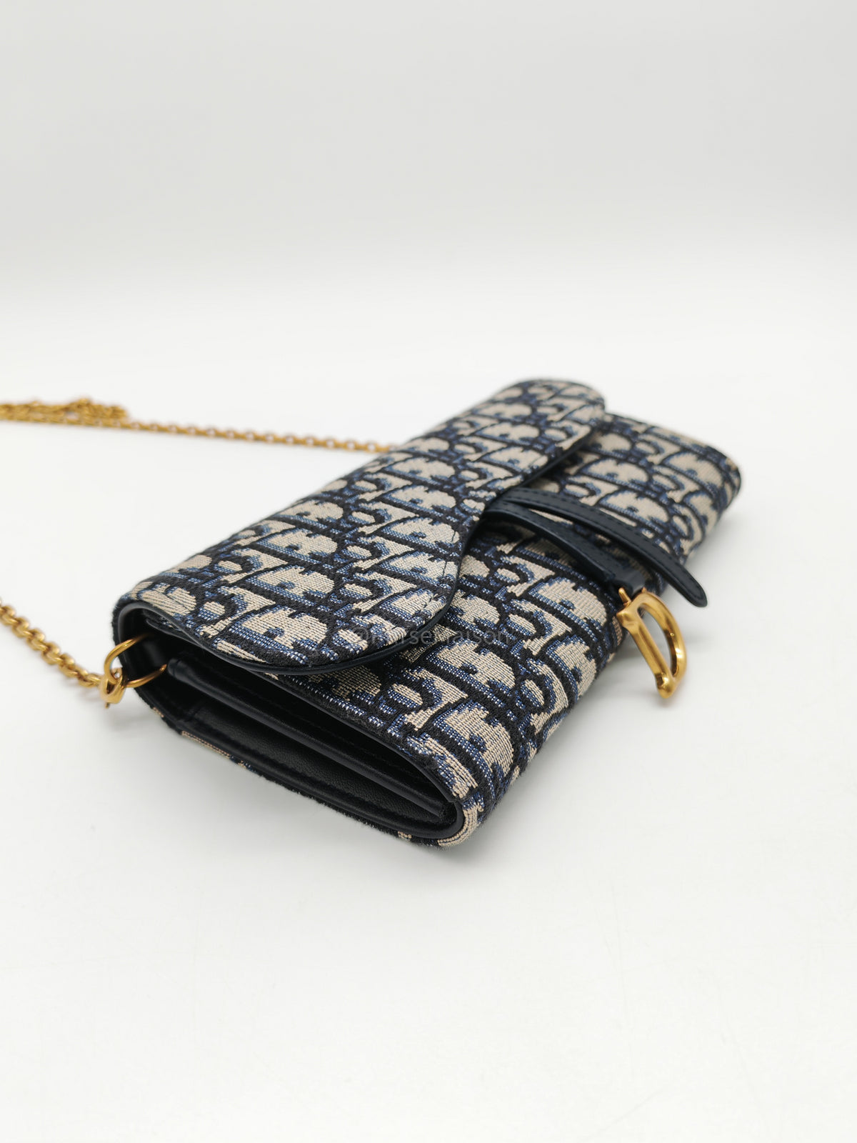 Christian Dior Small Saddle Pouch with Chain in Blue Dior Oblique Jacquard | Purse Maison Luxury Bags Shop