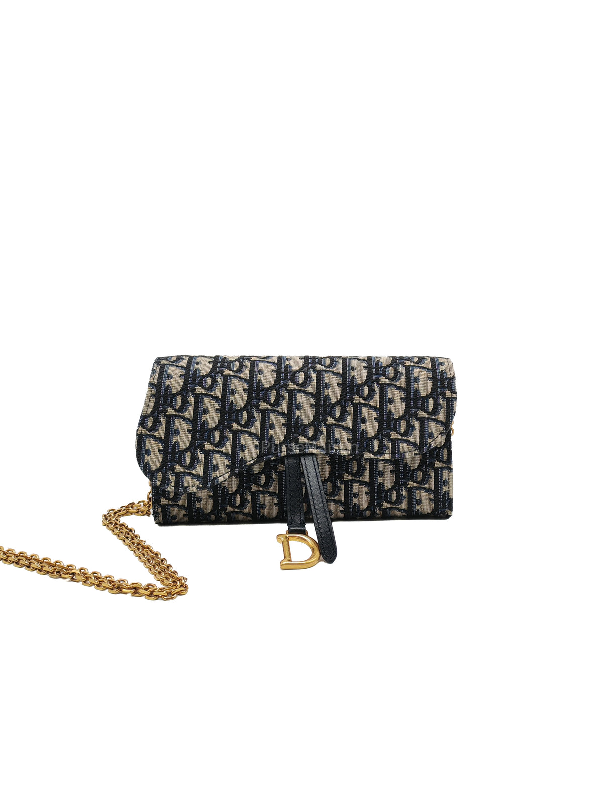 Christian Dior Small Saddle Pouch with Chain in Blue Dior Oblique Jacquard | Purse Maison Luxury Bags Shop