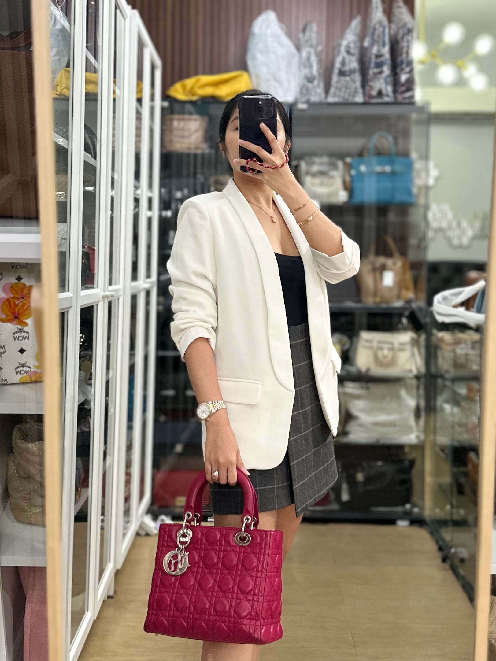 Christian Dior Vintage Lady Dior Medium in Rose Fuschia Lambskin Leather Silver Hardware | Purse Maison Luxury Bags Shop