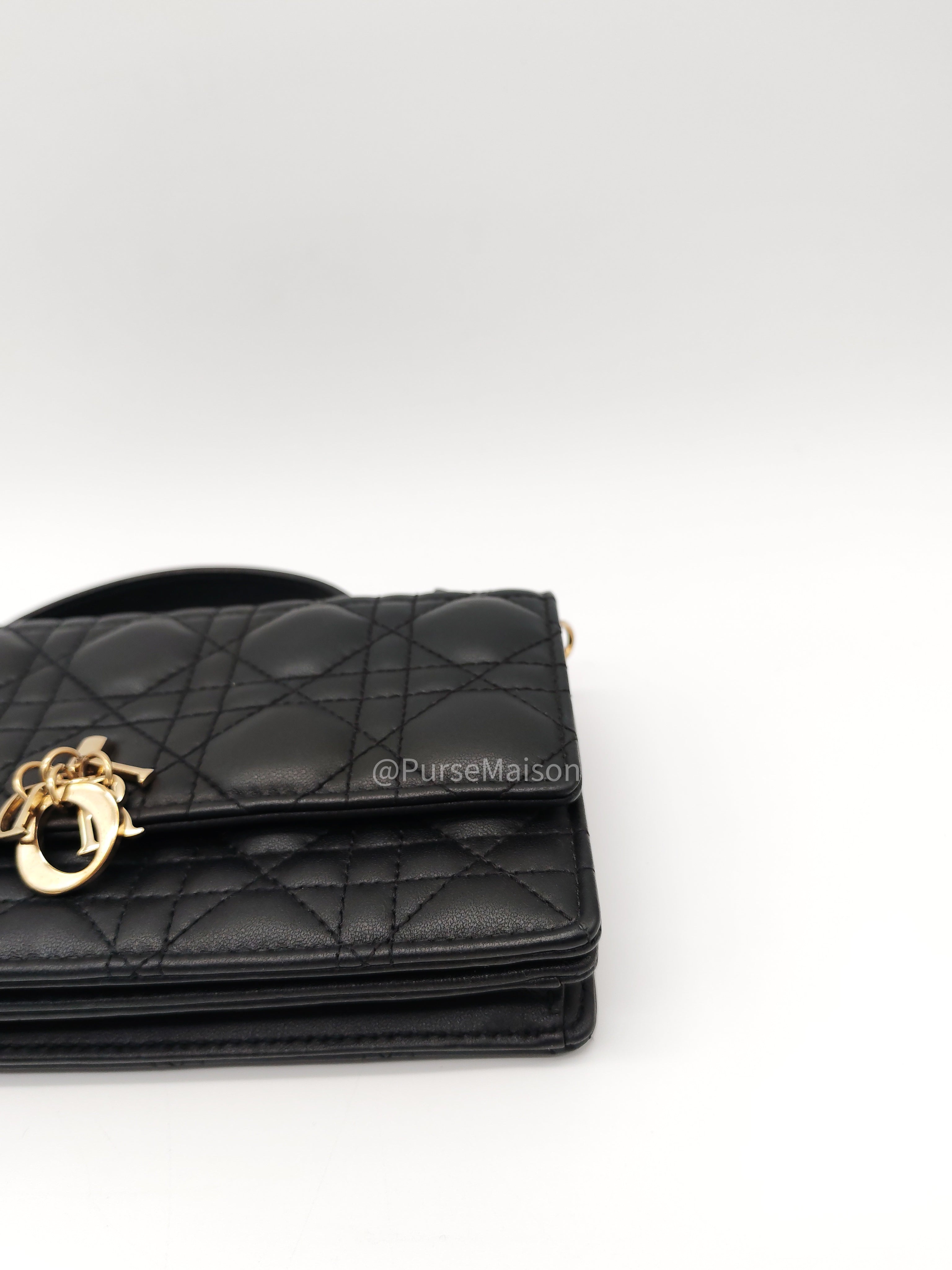 My Dior Mini Top Handle Chain Strap Bag in Black Cannage Lambskin Leather Light Gold Hardware