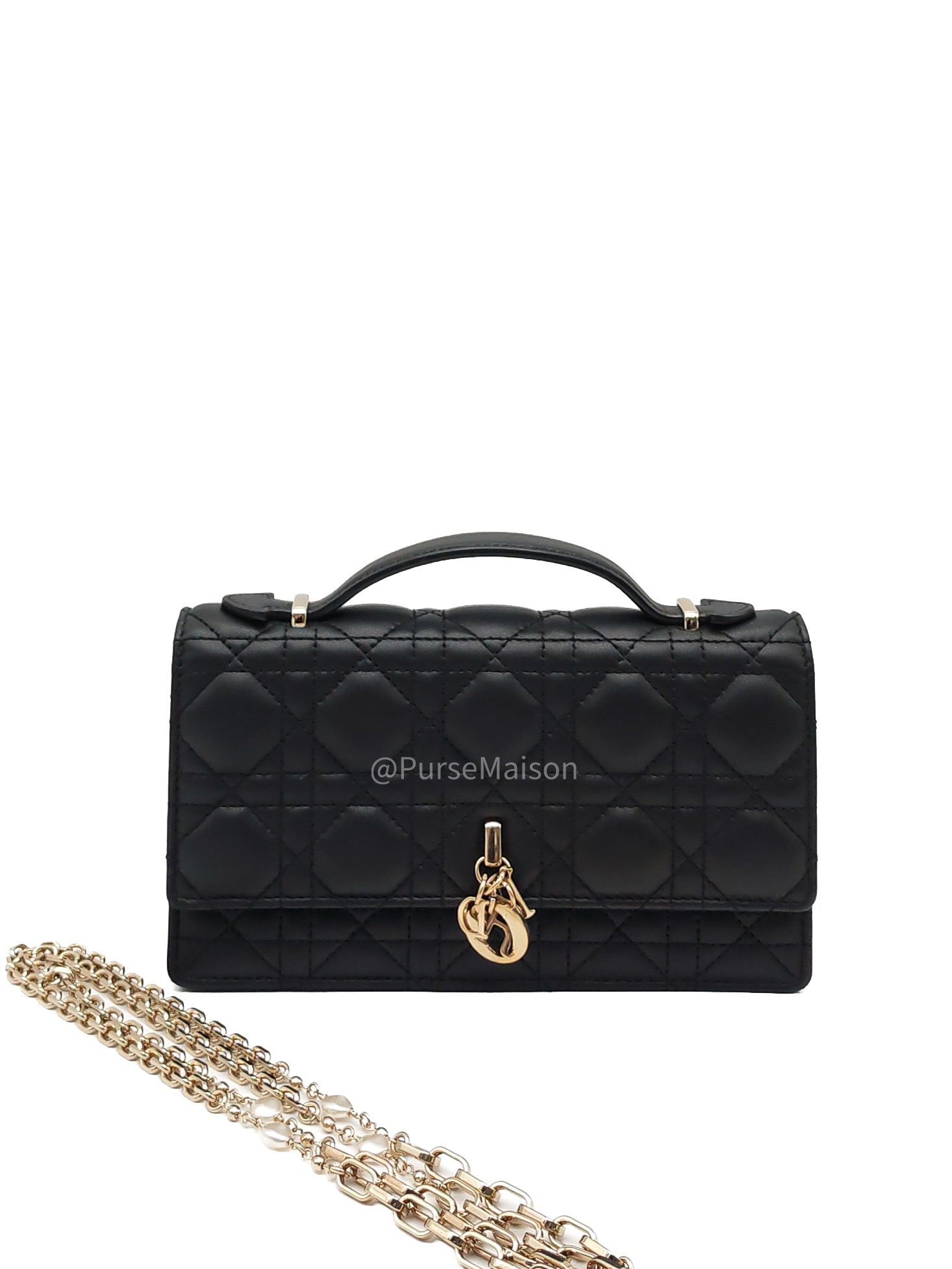 My Dior Mini Top Handle Chain Strap Bag in Black Cannage Lambskin Leather Light Gold Hardware