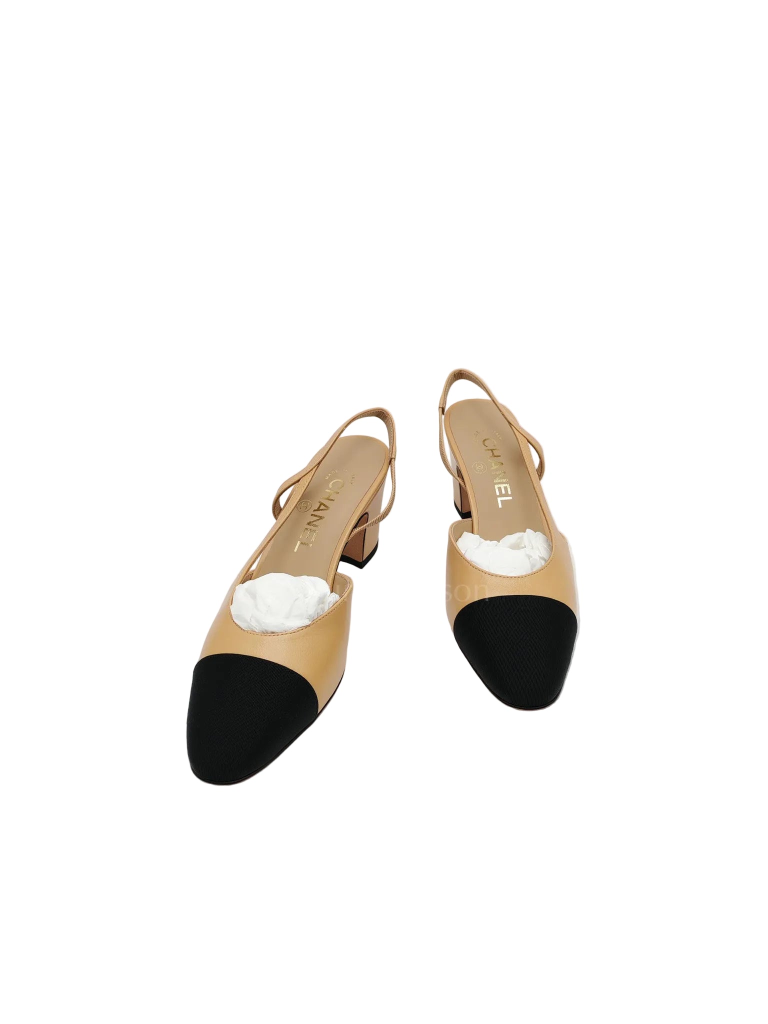 CC Slingback Pumps in Beige Lambskin Leather & Black Cap Toe Canvas Size 37 EU(23.5 cm)