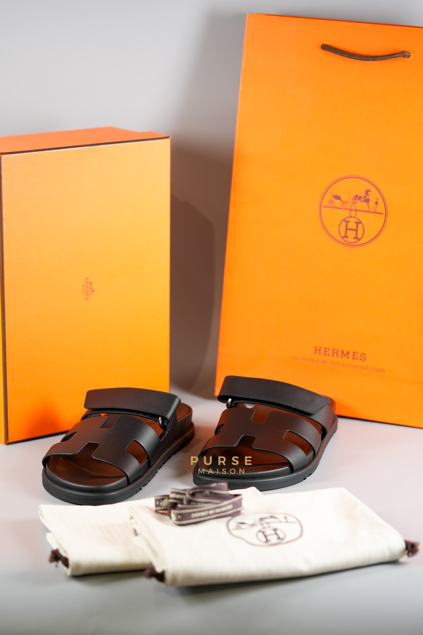 Chypre Black Calfskin Leather Techno Men’s Sandals Size 38.5 (26cm) | Purse Maison Luxury Bags Shop