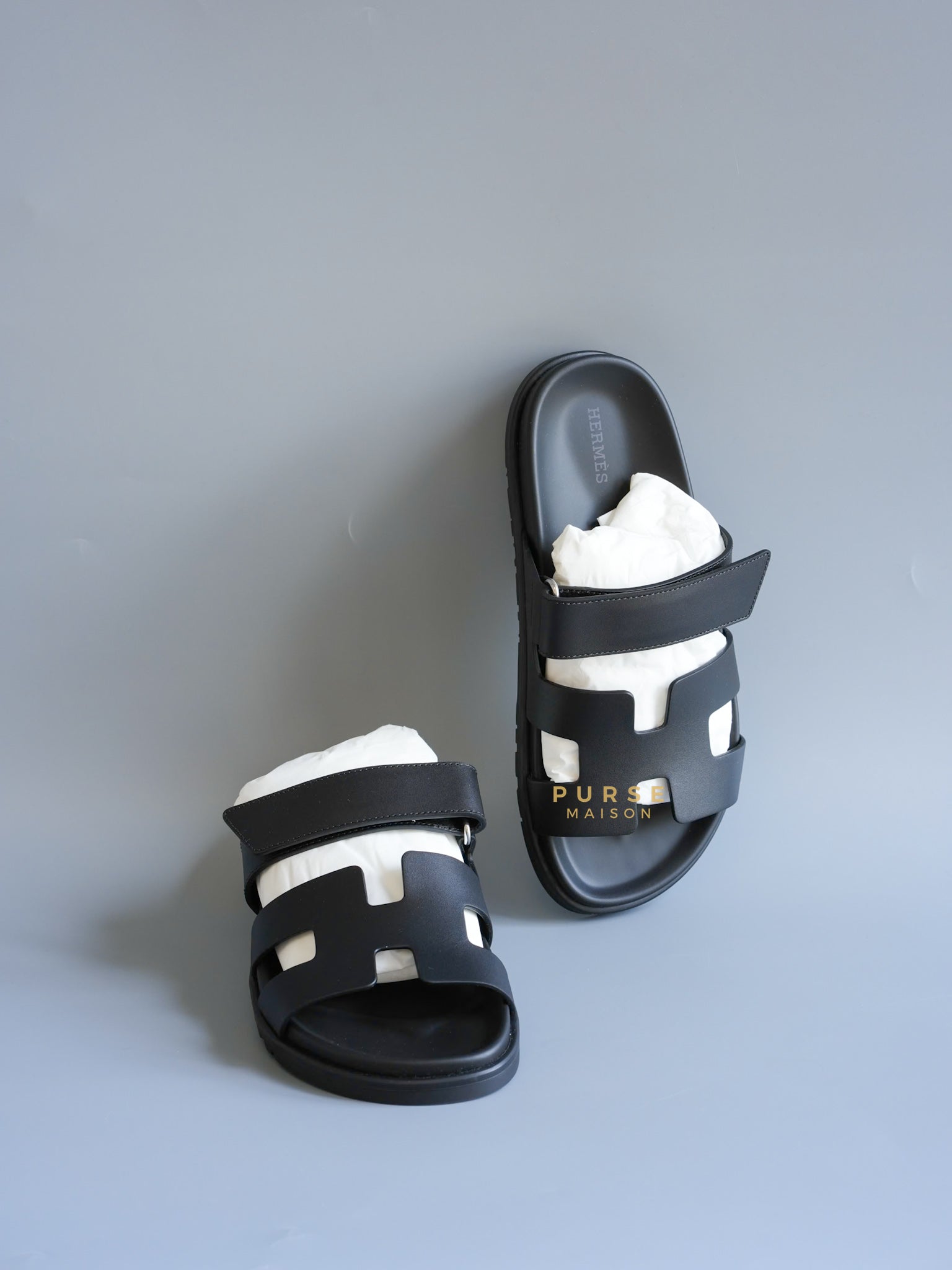 Chypre Black Calfskin Leather Techno Sandals Size 37.5 (25cm) | Purse Maison Luxury Bags Shop