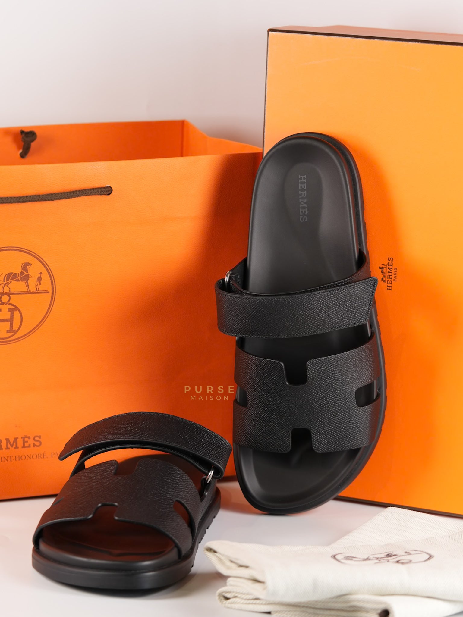 Chypre Sandals in Noir Epsom Leather, Size 9 EU (25 cm) | Purse Maison Luxury Bags Shop