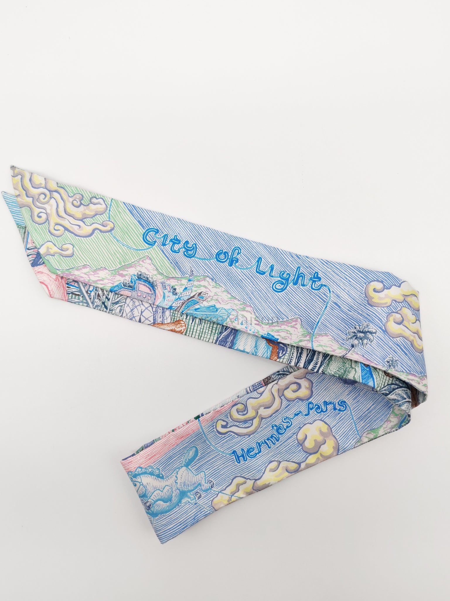 City of Light in Light Blue Silk Twilly | Purse Maison Luxury Bags Shop