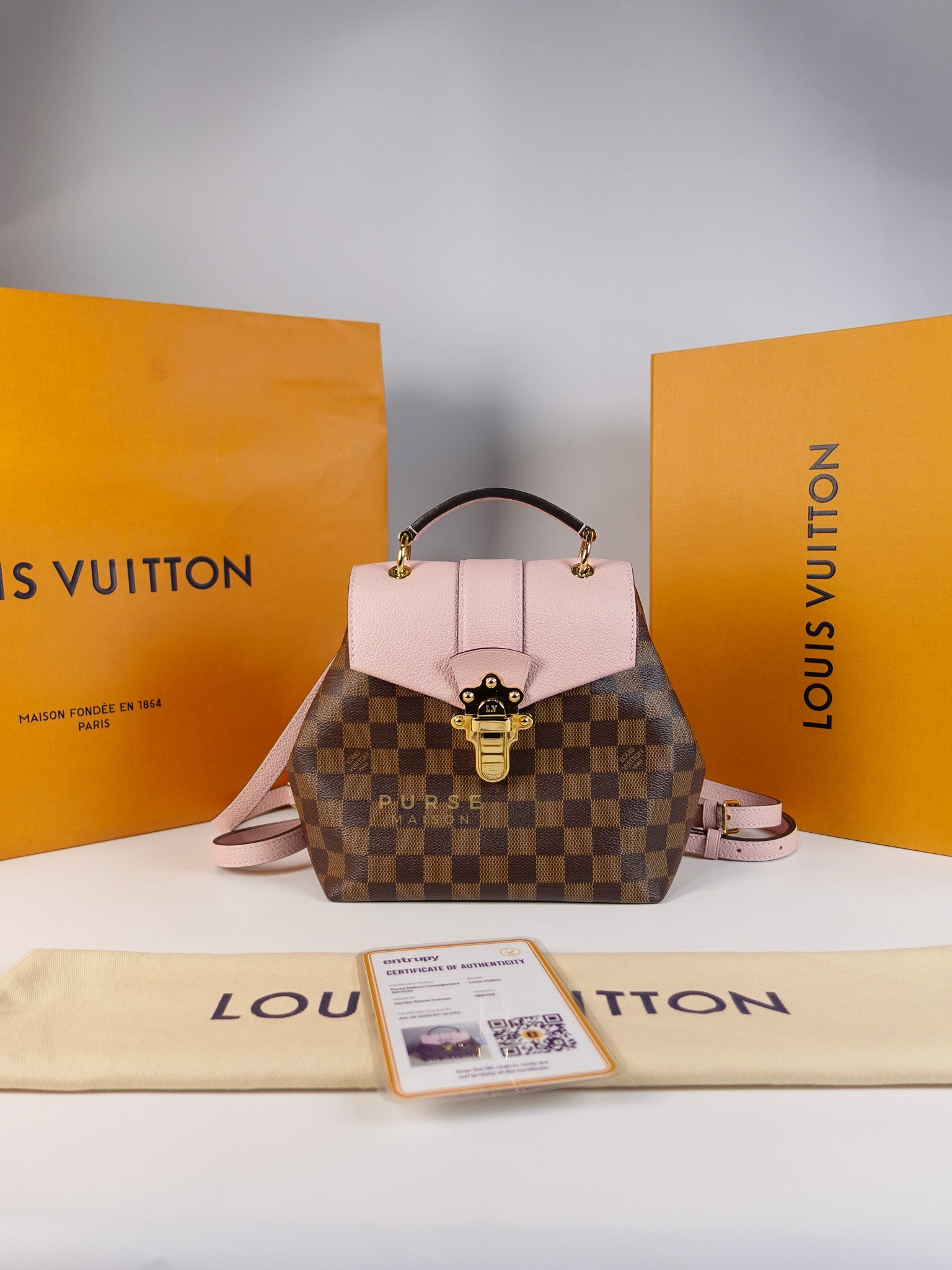 Clapton Back Pack In Brown & Pink Damier Ebene Canvas (Date Code: SR5109) | Purse Maison Luxury Bags Shop