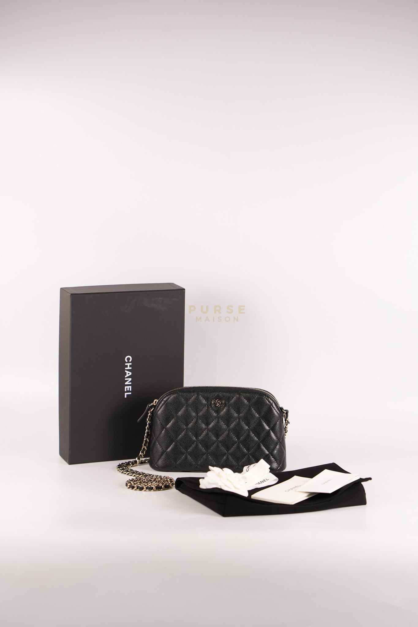 Classic Clutch on Chain in Black Caviar Leather and Gold Hardware (Microchip) | Purse Maison Luxury Bags Shop