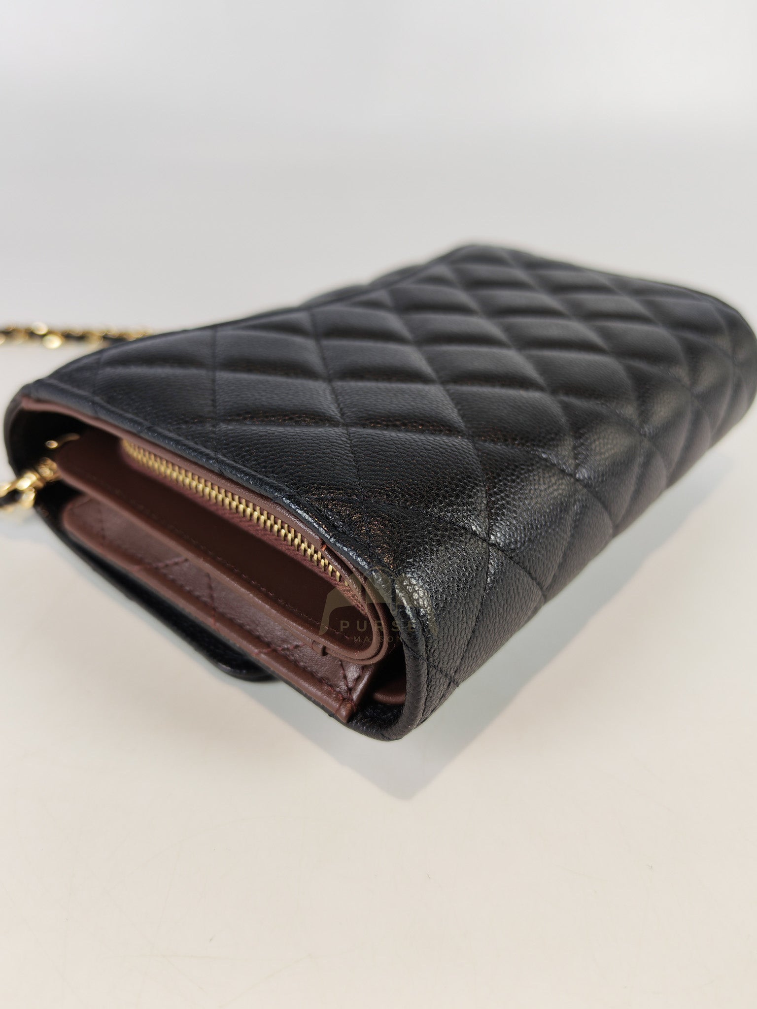 Classic Clutch On Chain in Black Caviar Leather and Light Gold Hardware (Microchip | Purse Maison Luxury Bags Shop