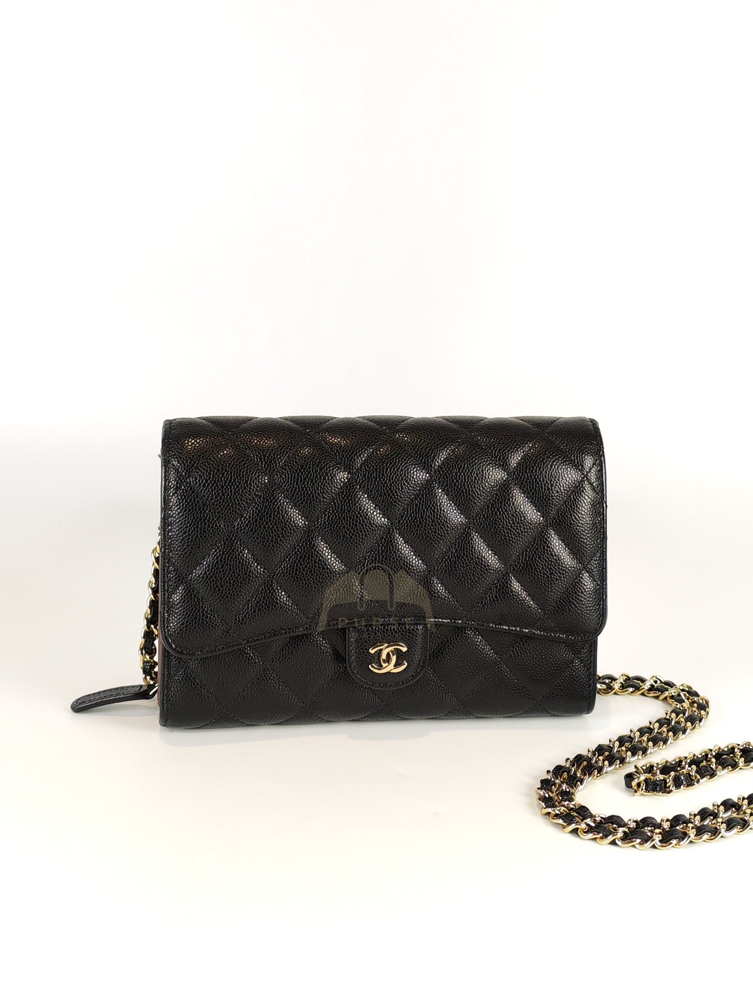 Classic Clutch On Chain in Black Caviar Leather and Light Gold Hardware (Microchip | Purse Maison Luxury Bags Shop